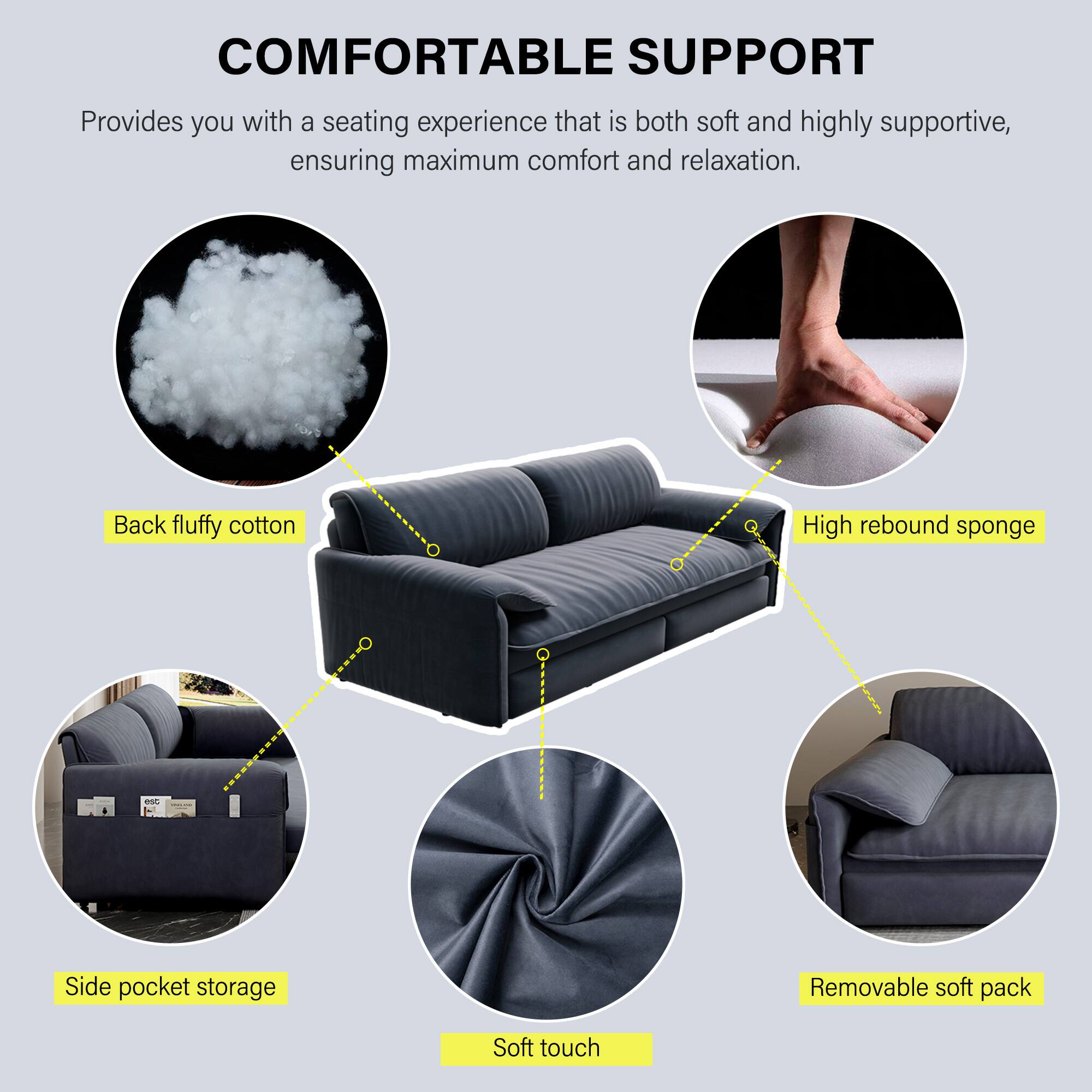 COMFORTABLE SUPPORT

Provides you with a seating experience that is both soft and highly supportive, ensuring maximum comfort and relaxation.

- Back fluffy cotton
- High rebound sponge
- Side pocket storage
- Soft touch
- Removable soft pack