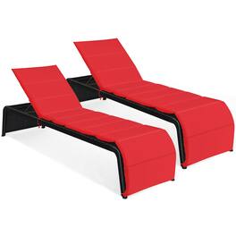 Costway - 2 PCS Patio Rattan Lounge Chair Chaise Recliner Back Adjustable Cushioned - Red