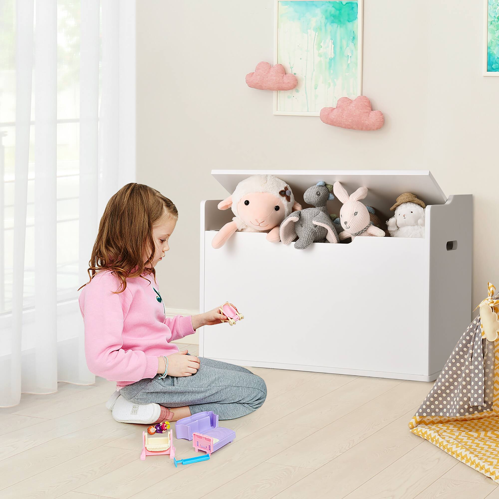 Alt View 9. Costway - Costway Wooden Toy Box Kids Storage Chest Lift Top Bench Seat W/ Cushion & Safety Hinge - White.