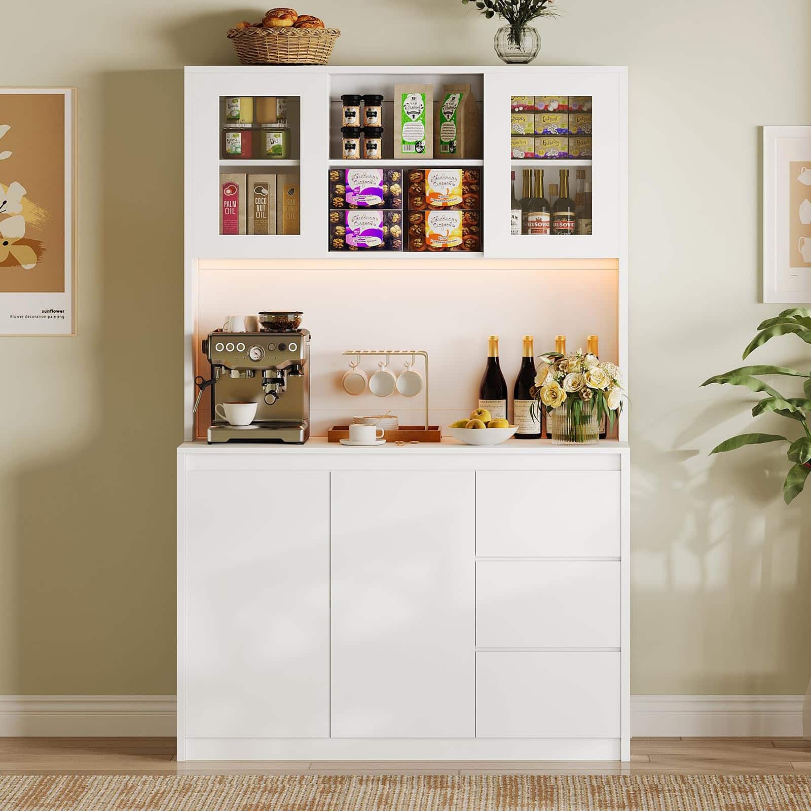 Qeetex - 71" Tall Kitchen Pantry Cabinet with LED Lights & Power Outlets, Modern Storage Hutch with Drawers & Glass Doors - White