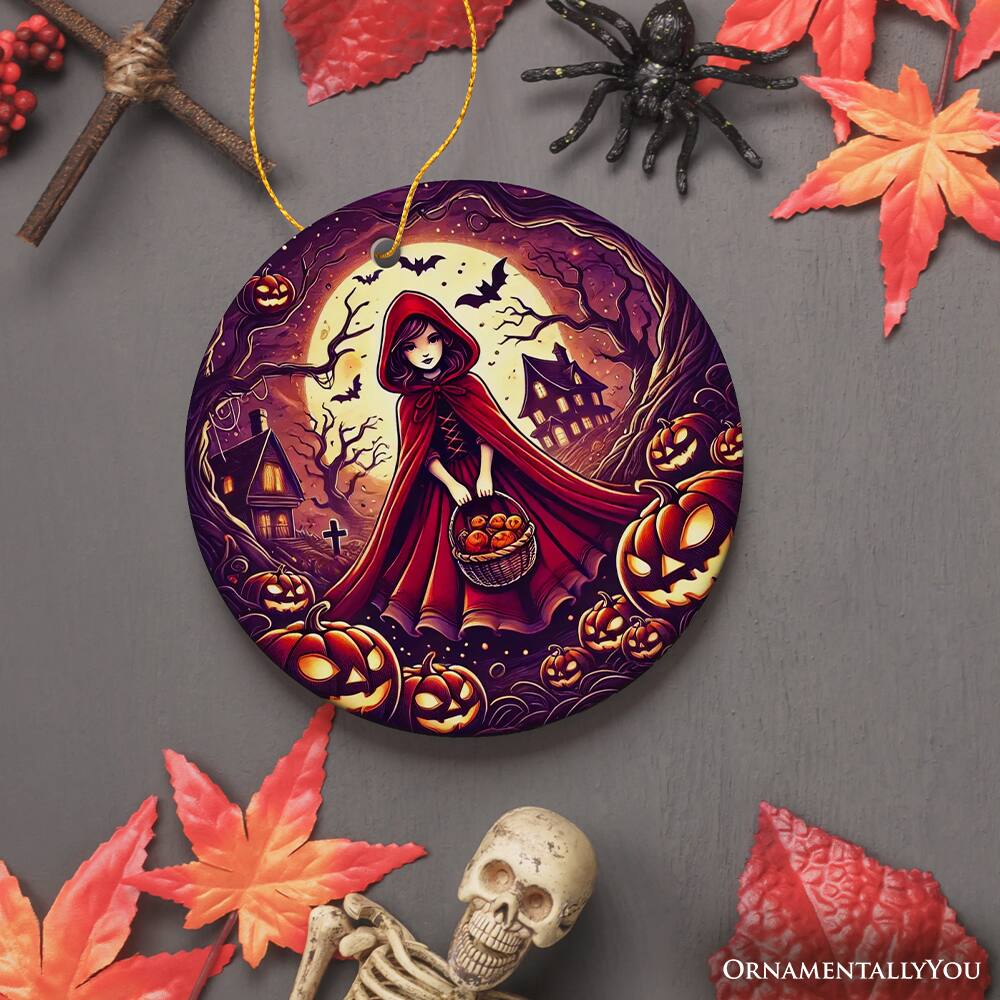 Back. OrnamentallyYou - Mysterious Red Riding Hood in the Woods Ornament Spooky Halloween Tree Decor Version 1 - Multi-colored.