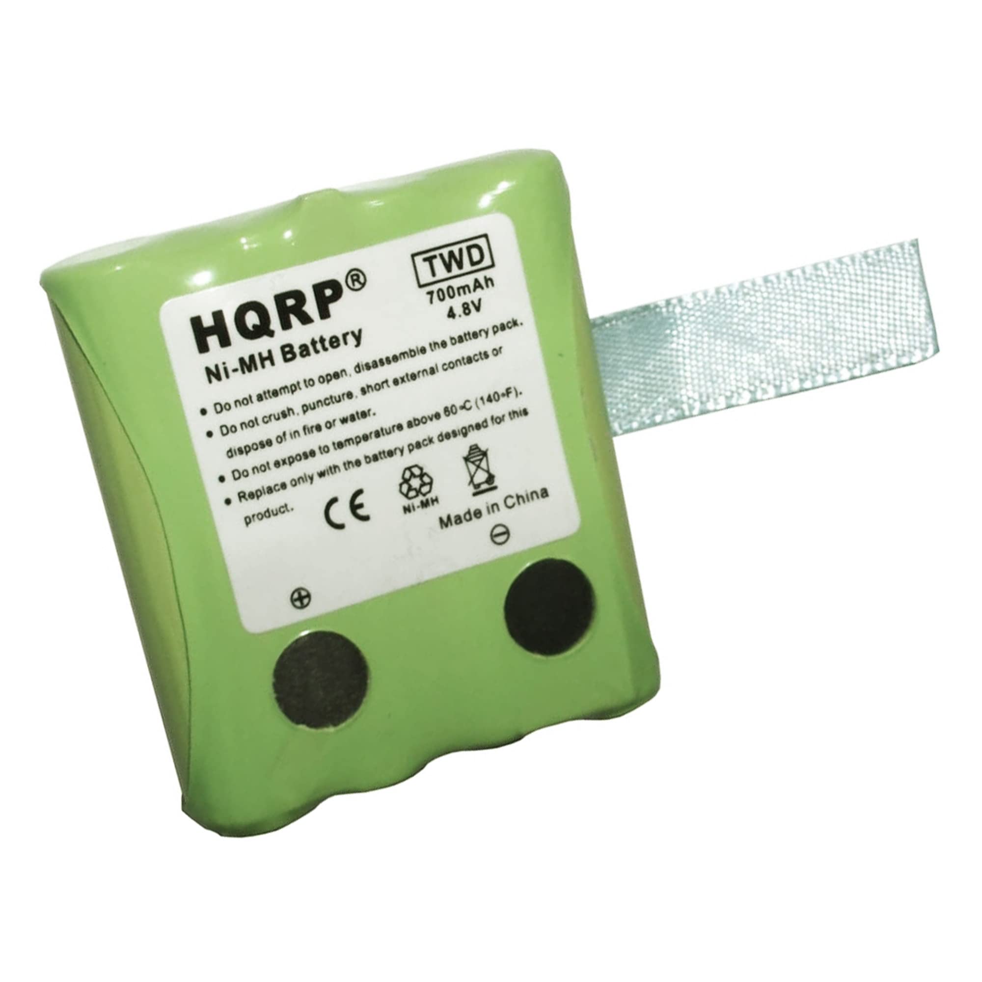 TWD HQRP 700mAh 4.8V battery pack. Ni-MH Battery. Do not attempt to open, disassemble the battery pack, or short external contacts. Do not crush, puncture, dispose of in fire or water. Do not expose to temperature above 80°C (176°F). Do not fire. Replace only with the battery pack designed for this product. Made in China.