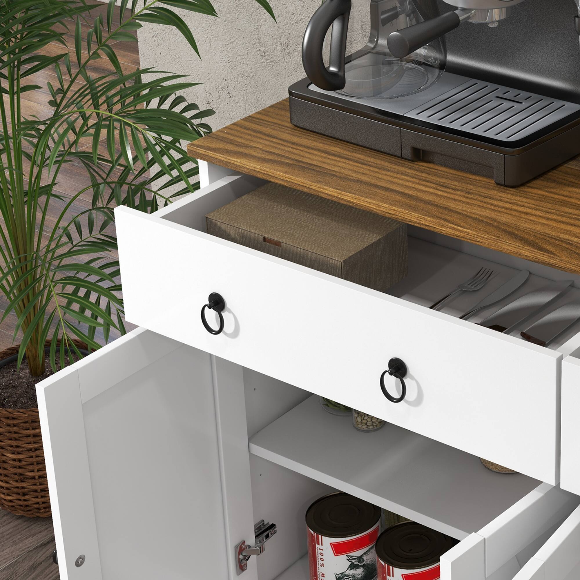 Alt View 8. Homcom - Sideboard Buffet Cabinet with Storage, 48" Kitchen Storage Cabinet with 2 Drawers and 4 Barn Doors - White.