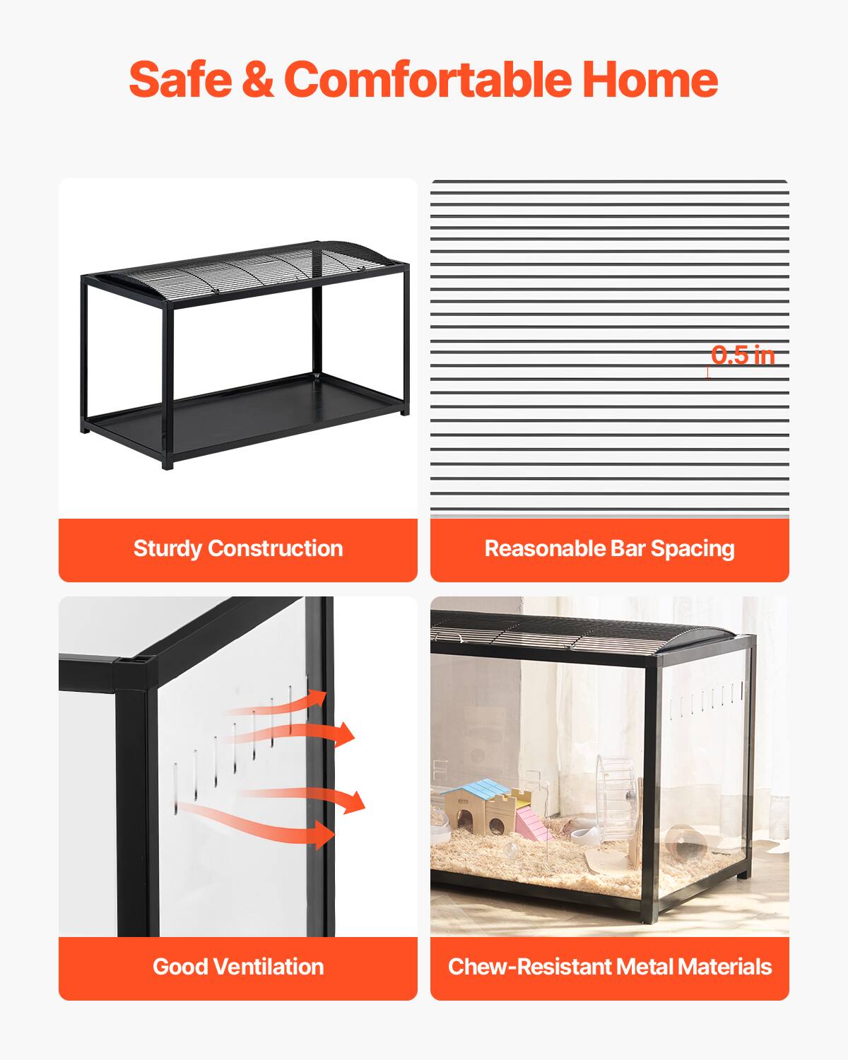 Safe & Comfortable Home

- Sturdy Construction
- Reasonable Bar Spacing (0.5 in)
- Good Ventilation
- Chew-Resistant Metal Materials