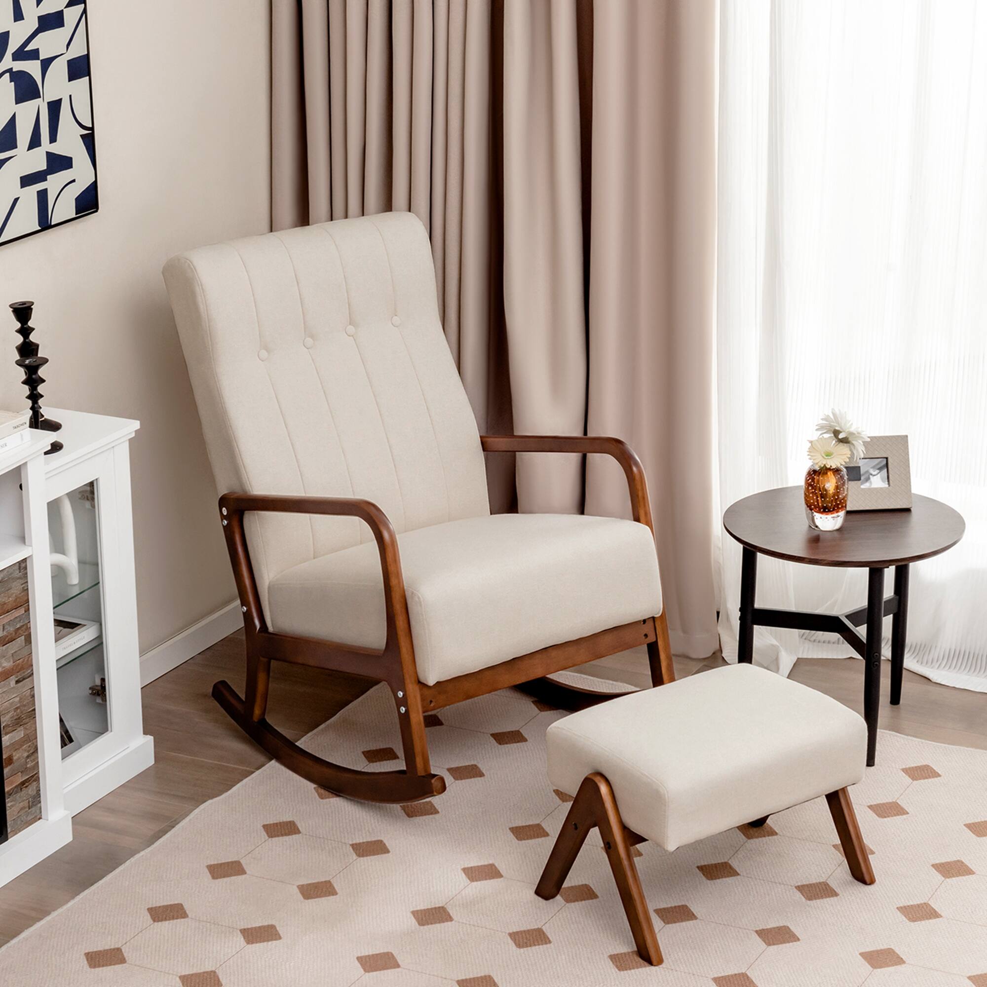 Alt View 1. Costway - Costway Rocking Chair with Ottoman Upholstered Fabric Glider Rocker Solid Wood - Beige.