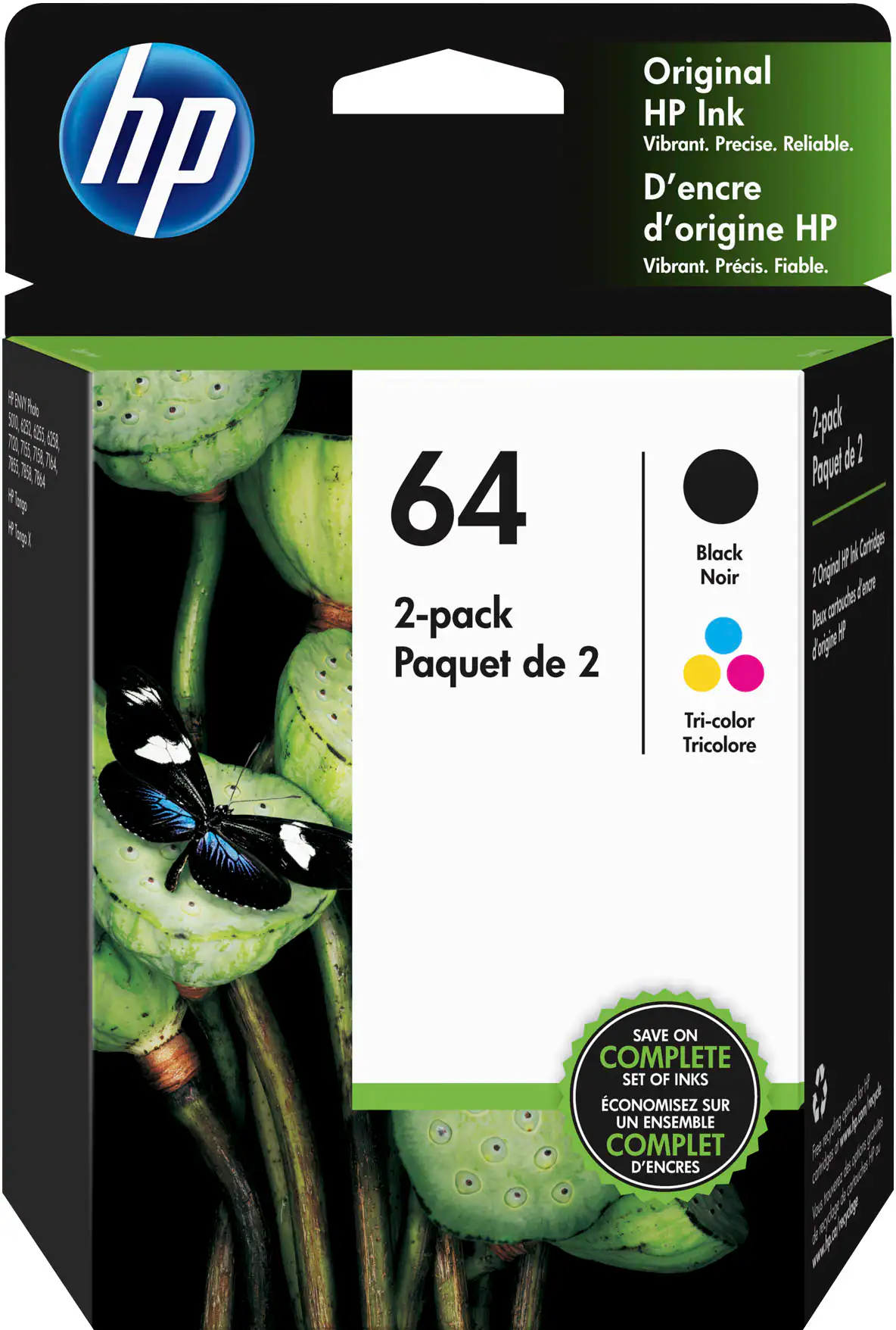 Front. HP - 64 2-Pack Standard Capacity Ink Cartridges - Black & Tri-Color.