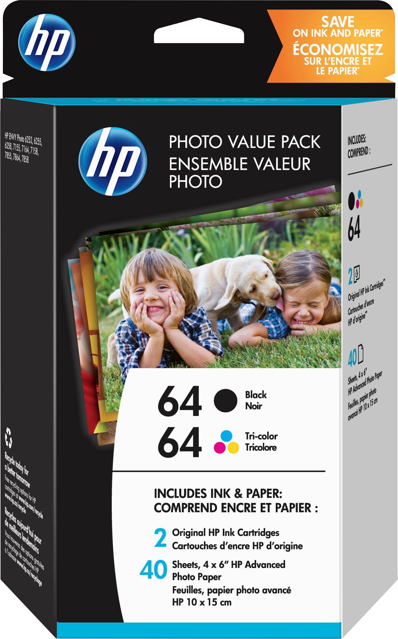 HP 64 2-Pack Standard Capacity Ink Cartridges + Photo Paper