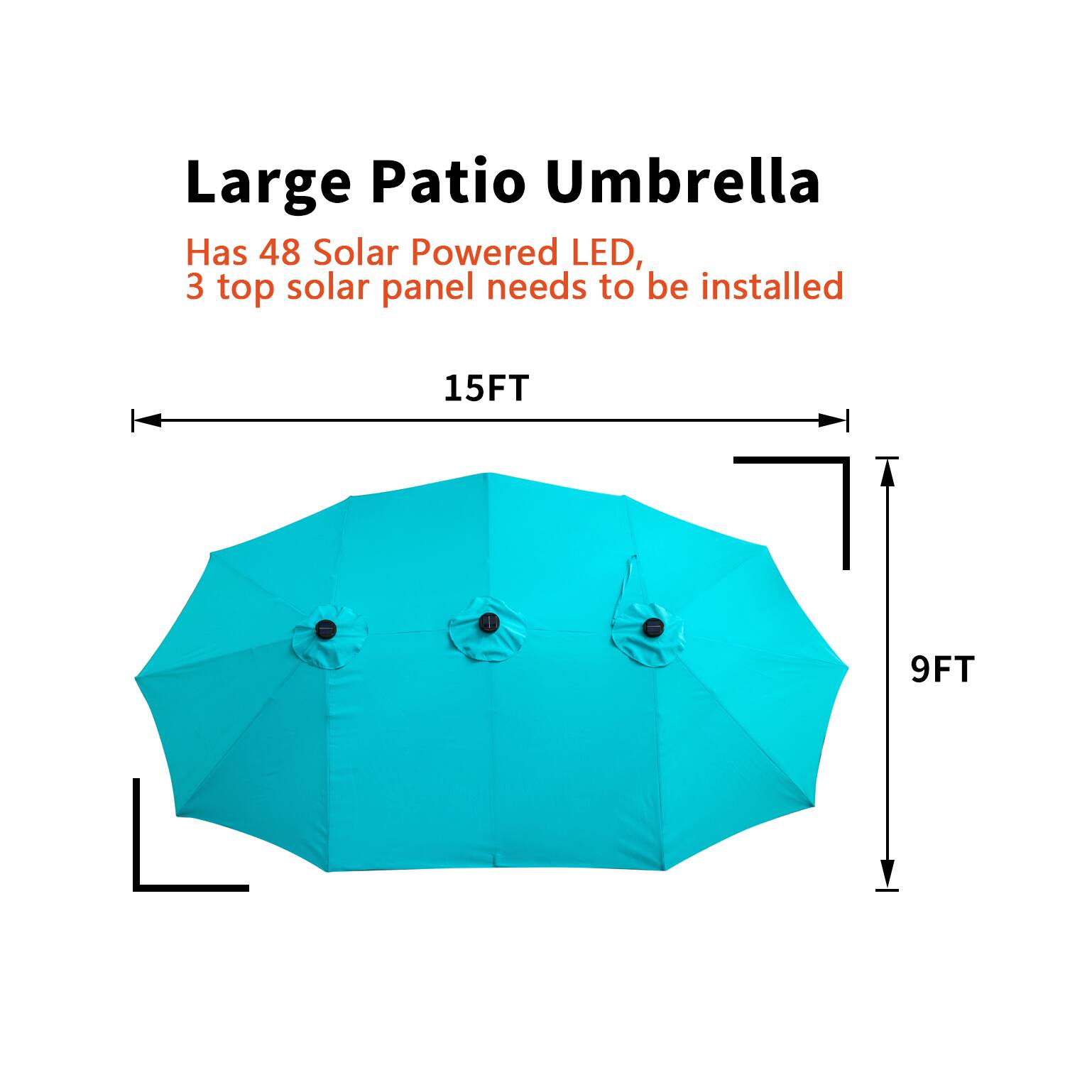 Large Patio Umbrella

Has 48 Solar Powered LED, 3 top solar panel needs to be installed

15FT

9FT