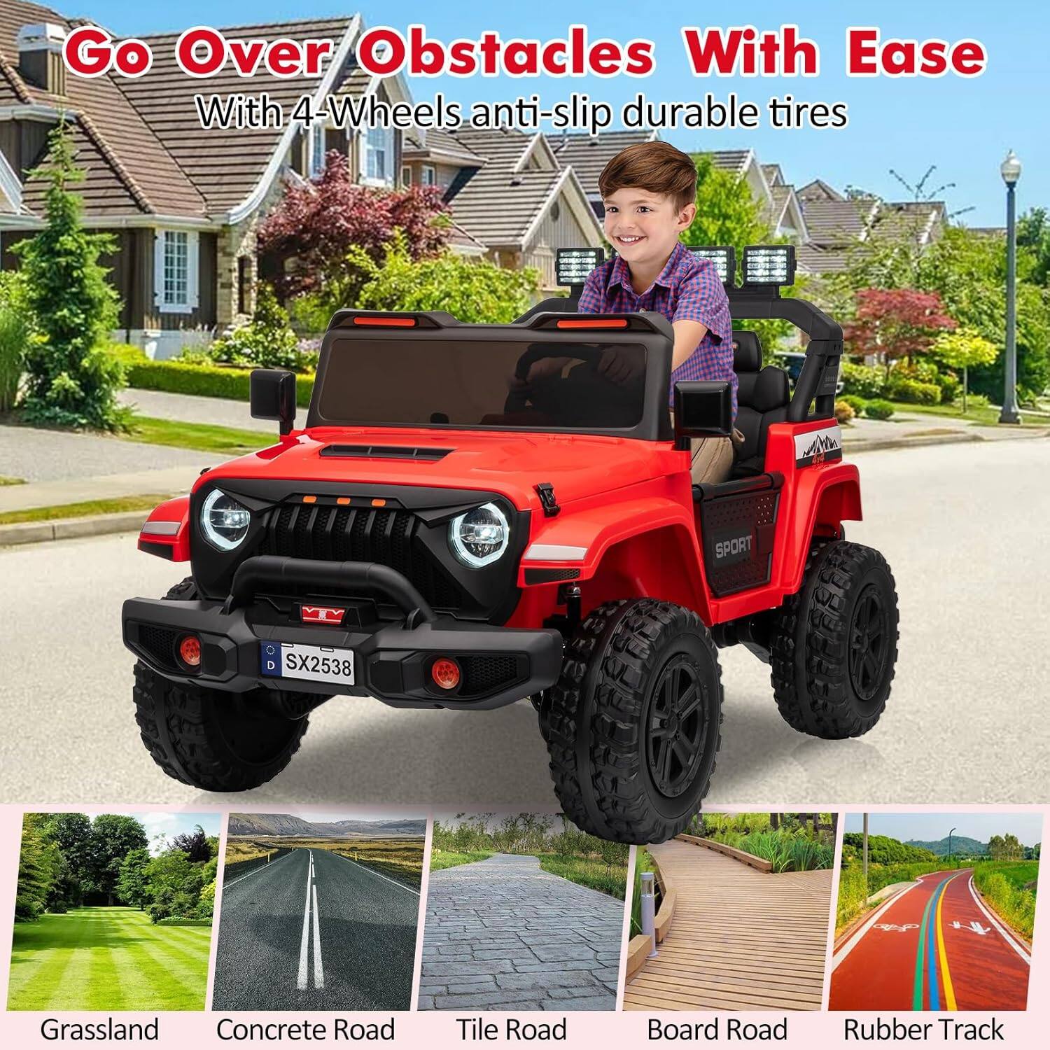 Go Over Obstacles With Ease  
With 4-Wheels anti-slip durable tires  

Grassland  
Concrete Road  
Tile Road  
Board Road  
Rubber Track