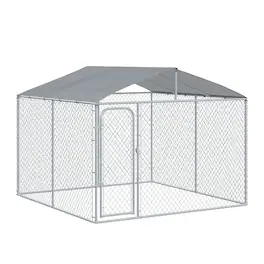 Pawhut - Outdoor Dog Kennel, Heavy Duty Dog Run Outdoor Fence with Waterproof Cover, Galvanized Chain Link, Secure Lock