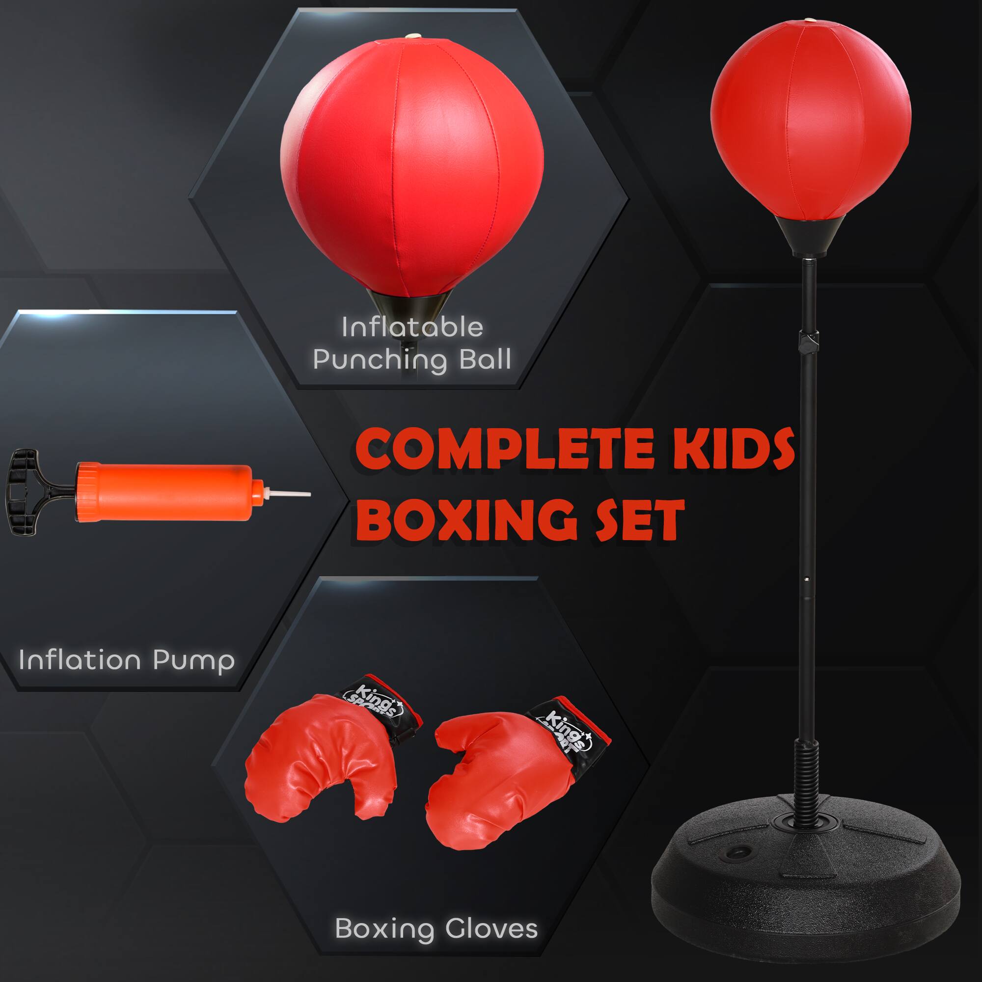 Inflatable Punching Ball  
COMPLETE KIDS BOXING SET  
Inflation Pump  
Boxing Gloves
