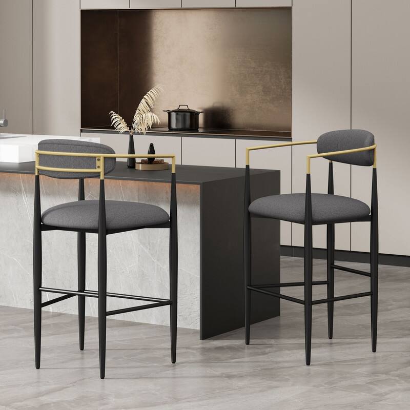 Alt View 1. HTUTWOO - Bar Stools Set of 2, Upholstered Fabric Barstools with Backs & Sturdy Iron Legs, Ideal for Kitchen Island & Home Bar - Dark gray.