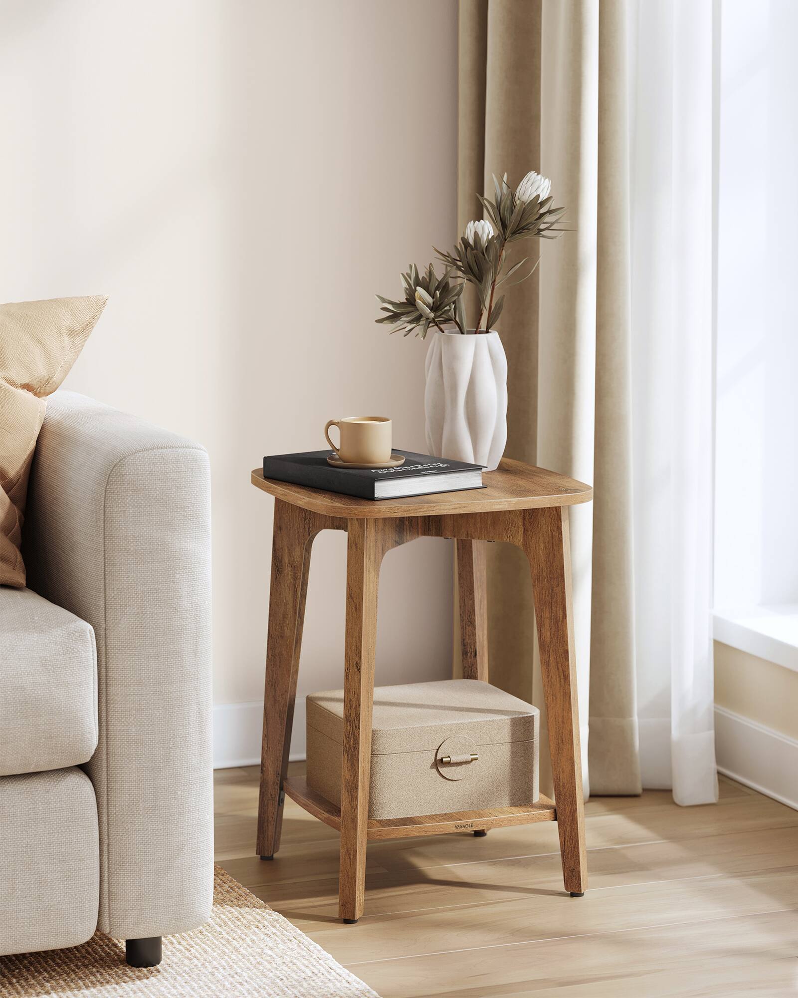 Alt View 2. Songmics Home - Side Table, 2-Tier Small Square End Table, Nightstand with Tapered Legs, Curved Transitions, for Small Spaces - Honey Brown.