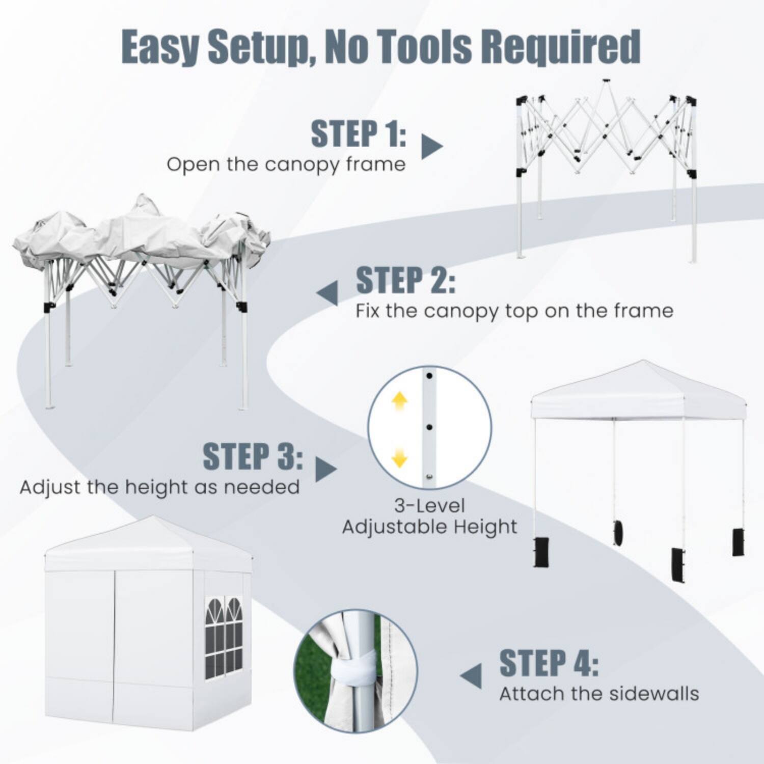 Easy Setup, No Tools Required

STEP 1: Open the canopy frame

STEP 2: Fix the canopy top on the frame

STEP 3: Adjust the height as needed  
3-Level Adjustable Height

STEP 4: Attach the sidewalls