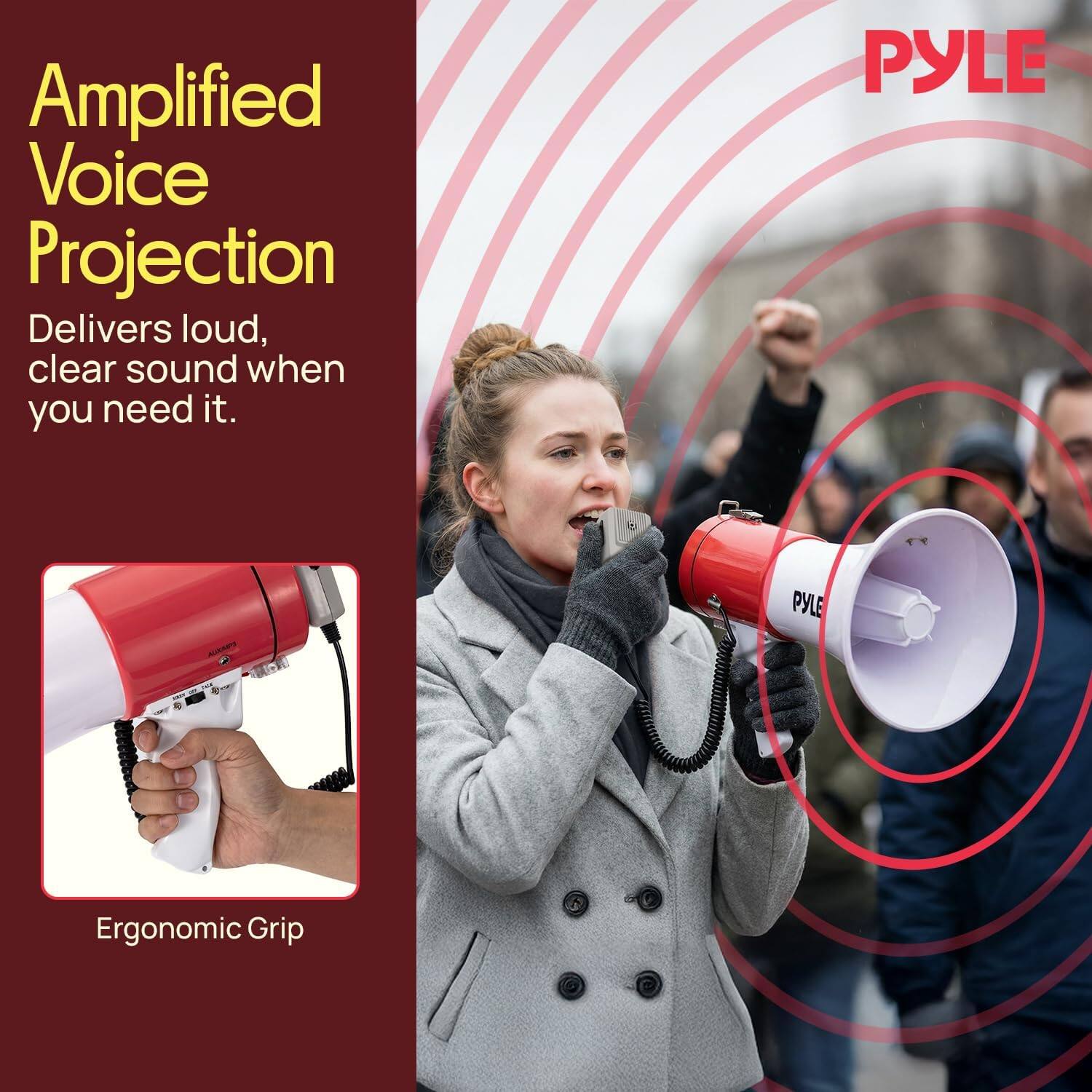 Amplified Voice Projection  
Delivers loud, clear sound when you need it.  

PYLE  

Ergonomic Grip