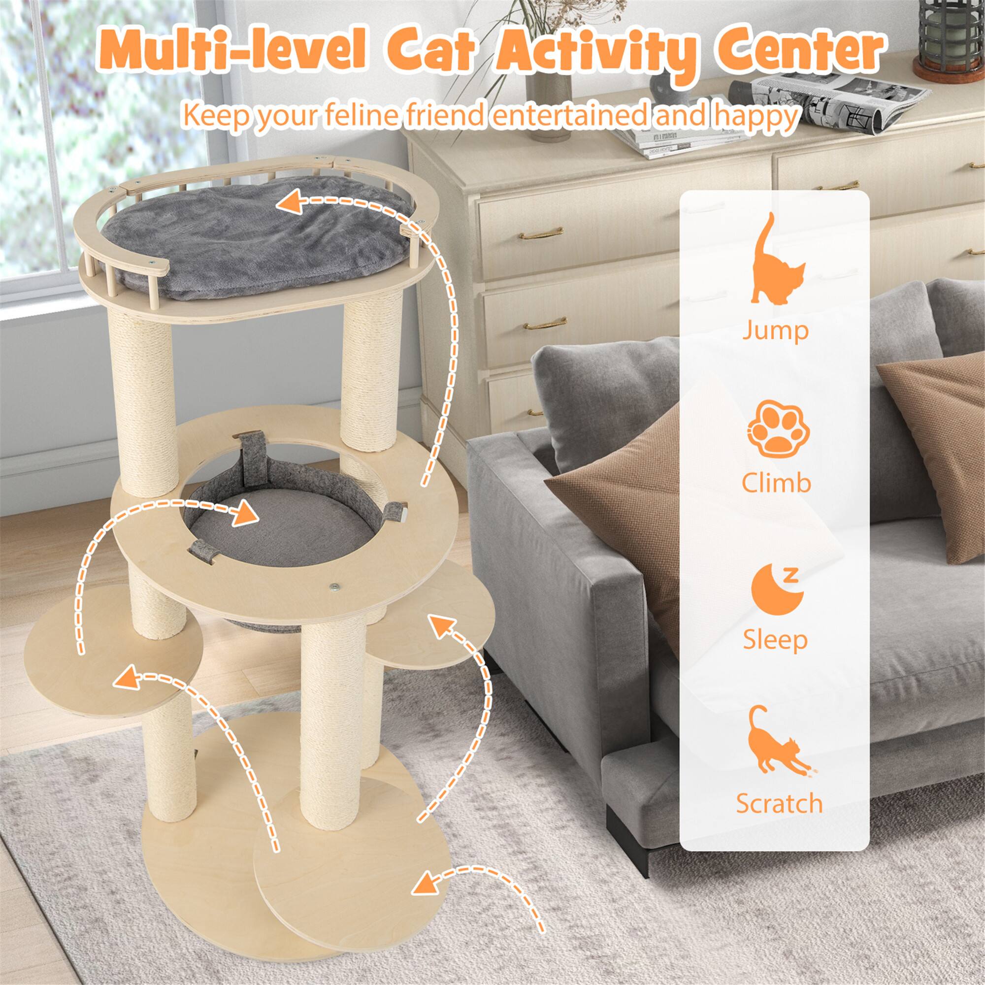 Multi-level Cat Activity Center  
Keep your feline friend entertained and happy  

- Jump  
- Climb  
- Sleep  
- Scratch