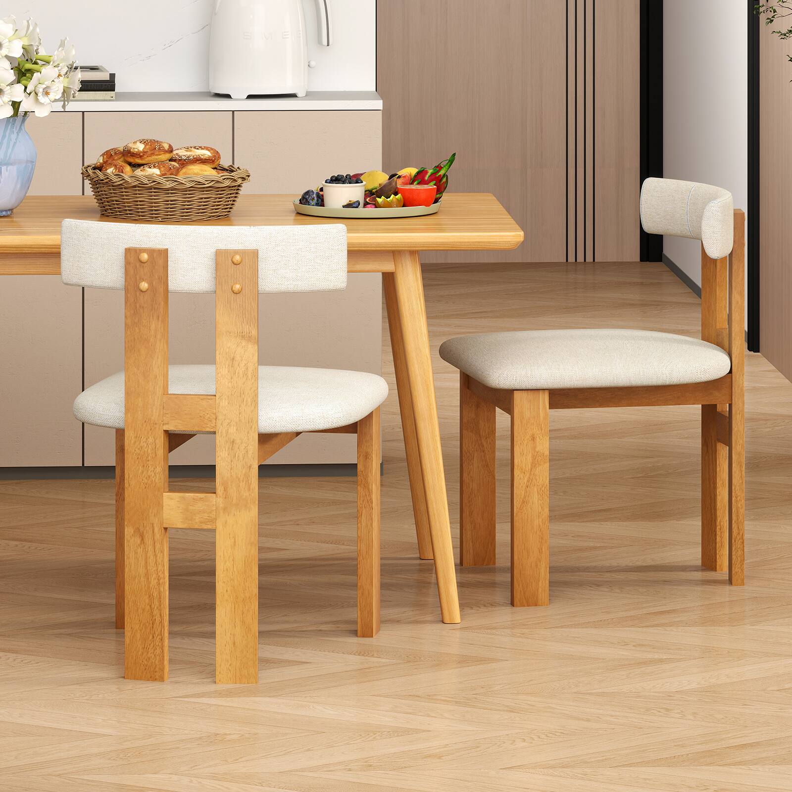 Alt View 1. Gymax - Gymax Dining Chair Set of 4 Upholstered Kitchen Chair w/ Padded Seat & Curved Backrest - Natural, Beige.