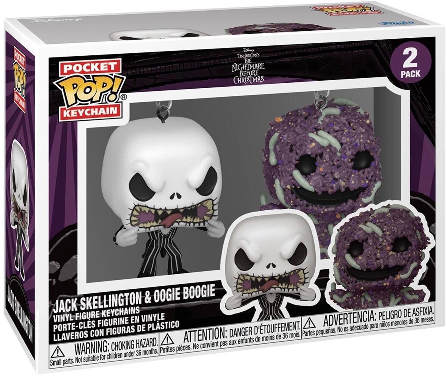 The text on the image is:

"POCKET POP! KEYCHAIN
Disney Tim Burton's The Nightmare Before Christmas 2 PACK
Jack Skellington & Oogie Boogie
VINYL FIGURE KEYCHAINS VINYLE PELIGRO DE ASFIXIA. FIGURINE EN ADVERTENCIA: de 36 meses. PORTE-CLÉS PLASTIC! para niños menores de 36 meses. Partes pequeñas. No es adecuado para niños menores de 36 months. ATTENTION: DANGER D'ASPIRATION. Petites pièces. Not suitable for children under 36 months. WARNING: CHOKING HAZARD. Small parts."

Corrected and grouped text:

"POCKET POP! KEYCHAIN
Disney Tim Burton's The Nightmare Before Christmas 2 PACK
Jack Skellington & Oogie Boogie
VINYL FIGURE KEYCHAINS
VINYLE PELIGRO DE ASFIXIA. FIGURINE EN ADVERTENCIA: de 36 meses. PORTE-CLÉS PLASTIC! para niños menores de 36 meses. Partes pequeñas. No es adecuado para niños menores de 36 months. ATTENTION: DANGER D'ASPIRATION. Petites pièces. Not suitable for children under 36 months. WARNING: CHOKING HAZARD. Small parts."