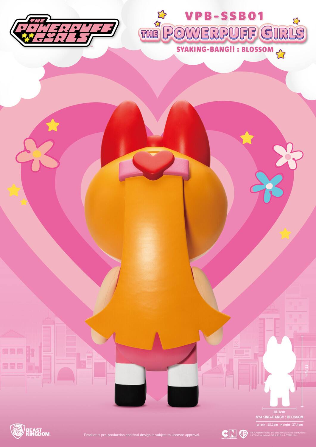 VPB-SSB01  
THE POWERPUFF GIRLS  
SYAKING-BANG!!: BLOSSOM  

Width: 18.1cm  
Height: 37.4cm  

Product is pre-production and final design is subject to licensor approval.  

BEAST KINGDOM.  

CN WB  
© Cartoon Network © Warner Bros. Entertainment Inc. All Rights Reserved.