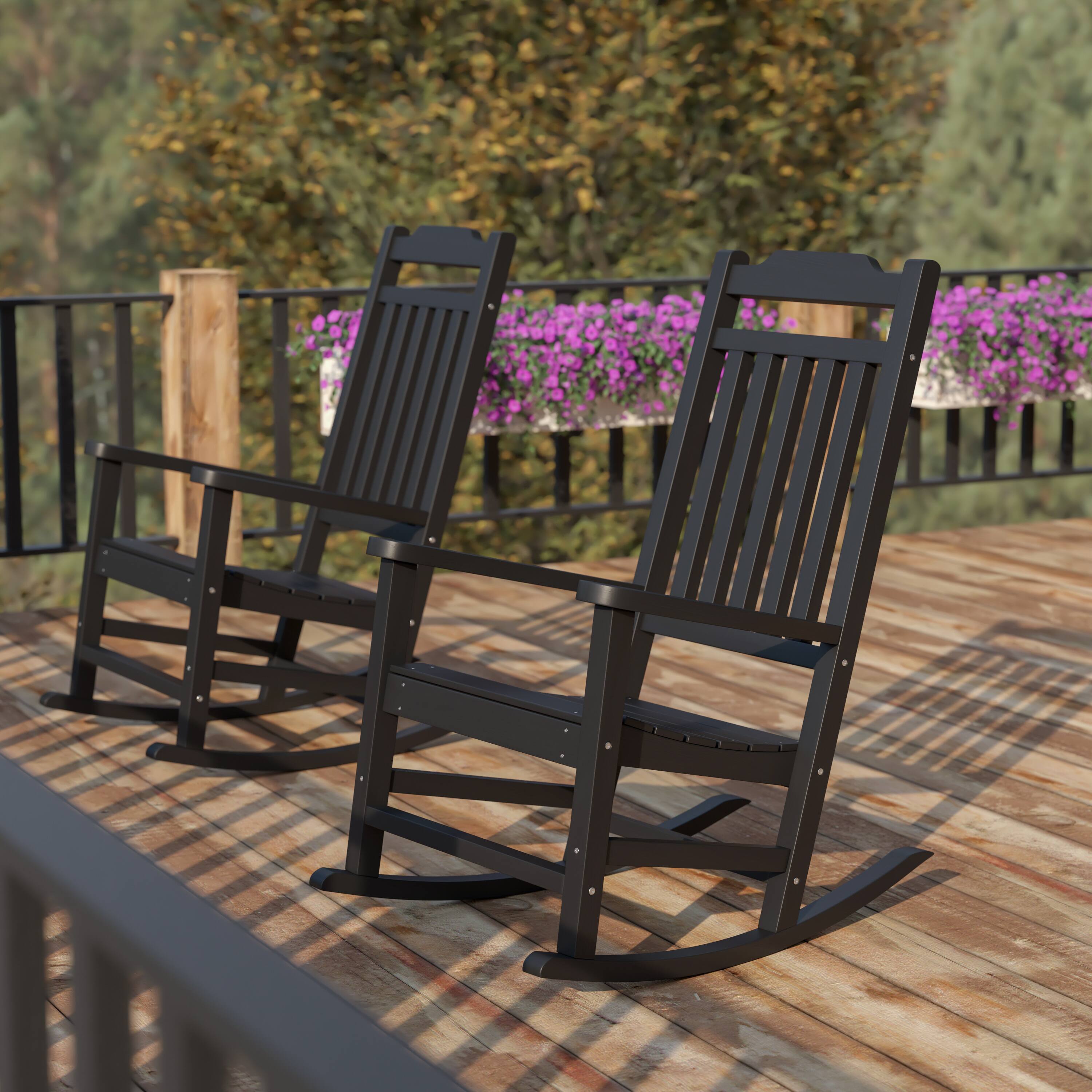 Alt View 2. Emma + Oliver - Set of 2 All-Weather Poly Resin Faux Wood Rocking Chairs for Porch &Patio - Black.