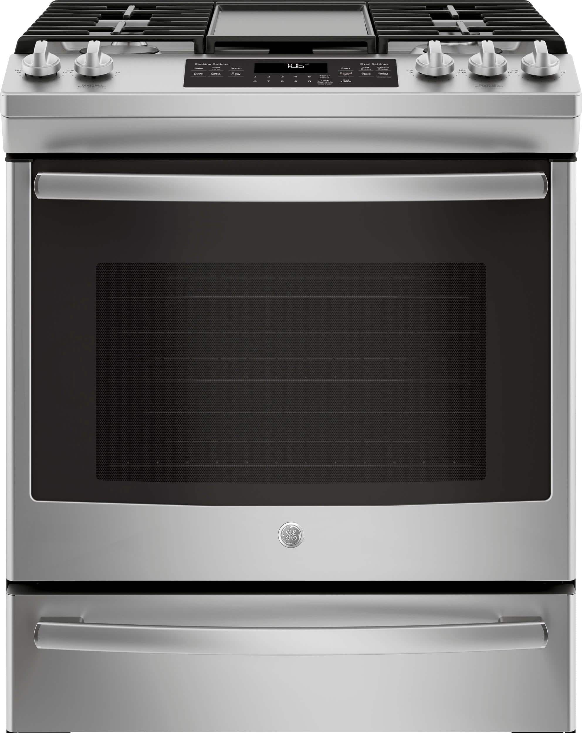Front. GE - 5.6 Cu. Ft. Slide-In Gas Convection Range - Stainless Steel.