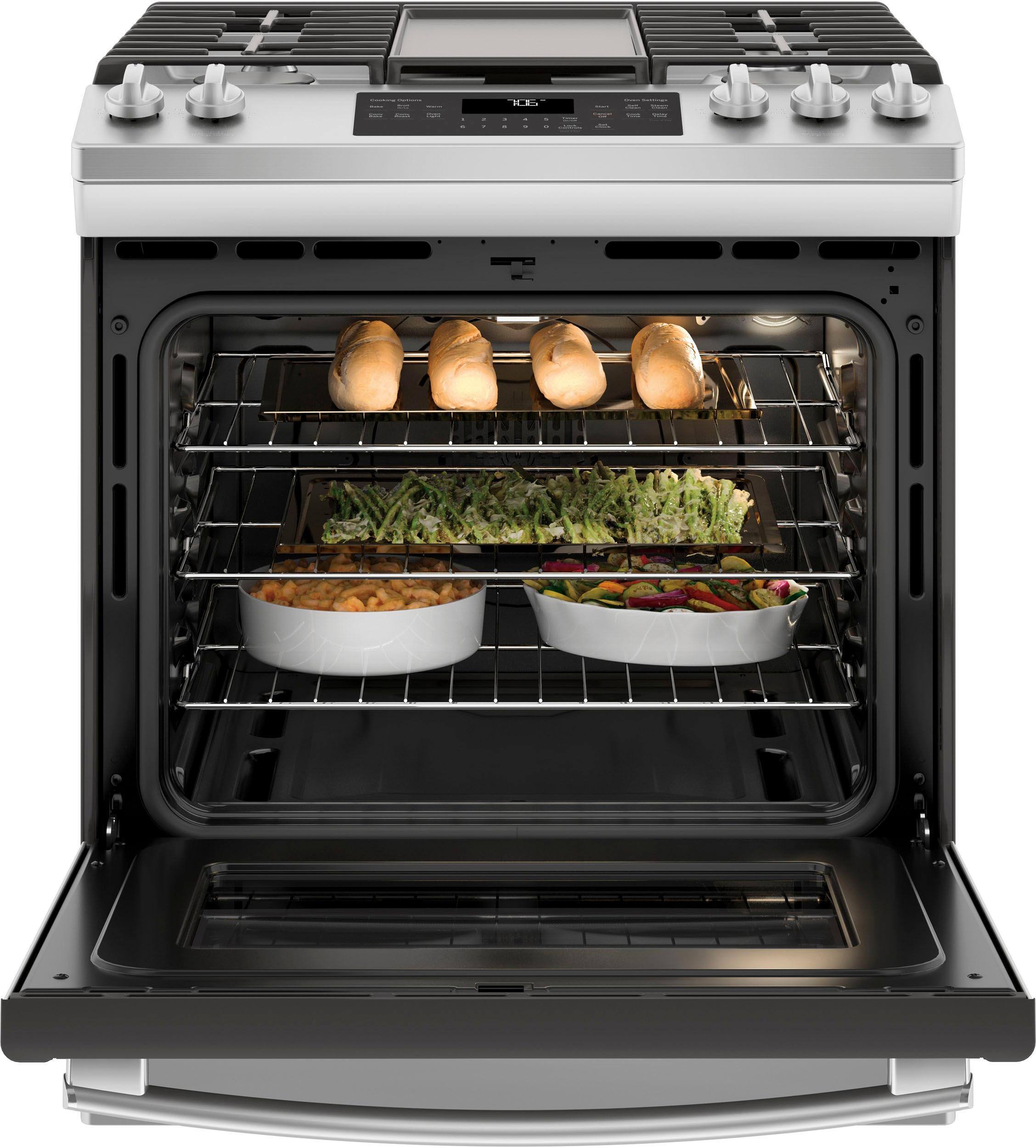 Alt View 11. GE - 5.6 Cu. Ft. Slide-In Gas Convection Range - Stainless Steel.