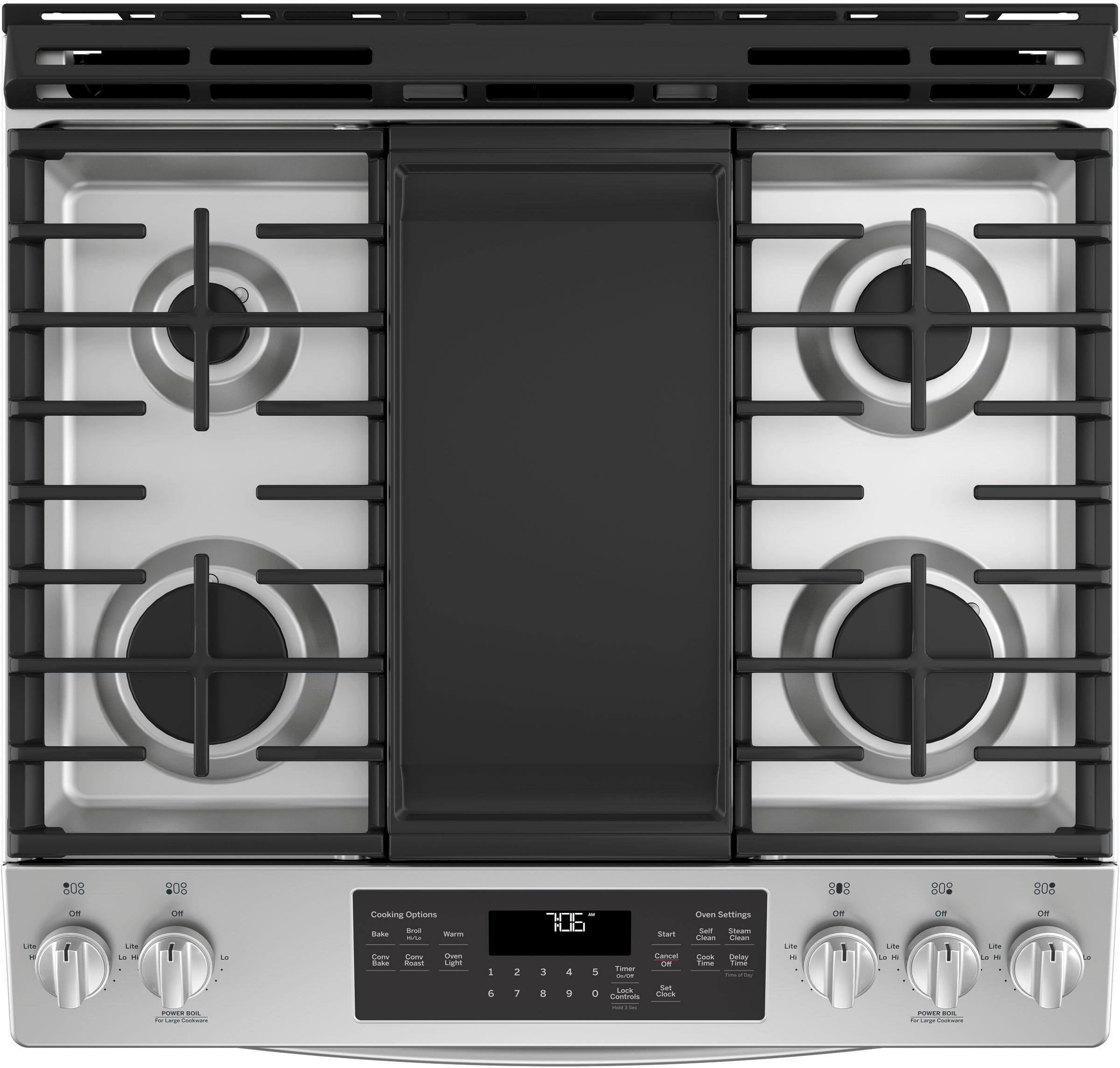 Alt View 13. GE - 5.6 Cu. Ft. Slide-In Gas Convection Range - Stainless Steel.