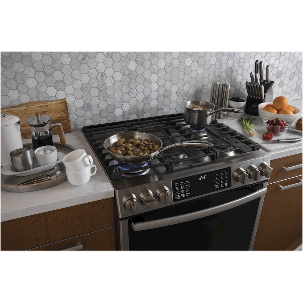 GE 5.6 Cu. Ft. SelfCleaning SlideIn Dual Fuel Convection Range Stainless steel P2S930SELSS