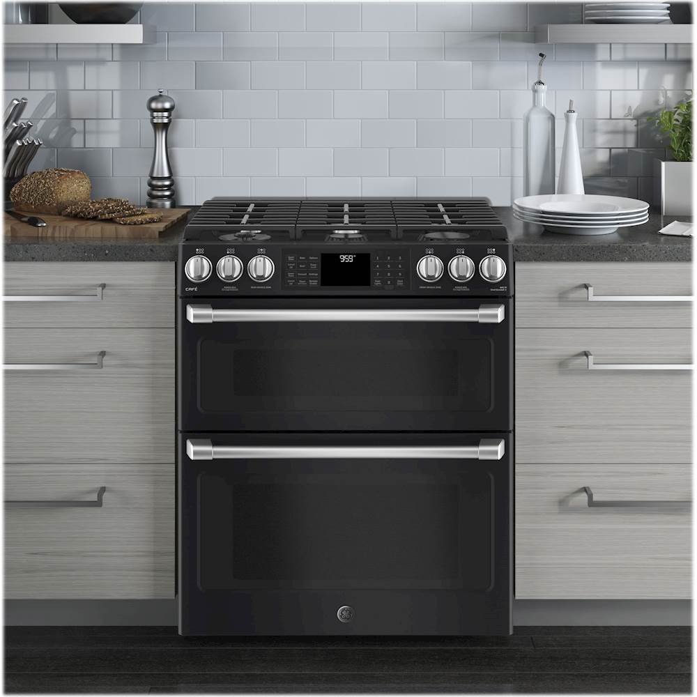 GE CafÃ© Series 6.7 Cu. Ft. Self-Cleaning Slide-In Double Oven Gas Convection Range Black Slate 