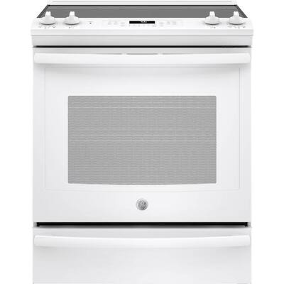 GE - 5.3 Cu. Ft. Slide-In Electric Convection Range - White on white
