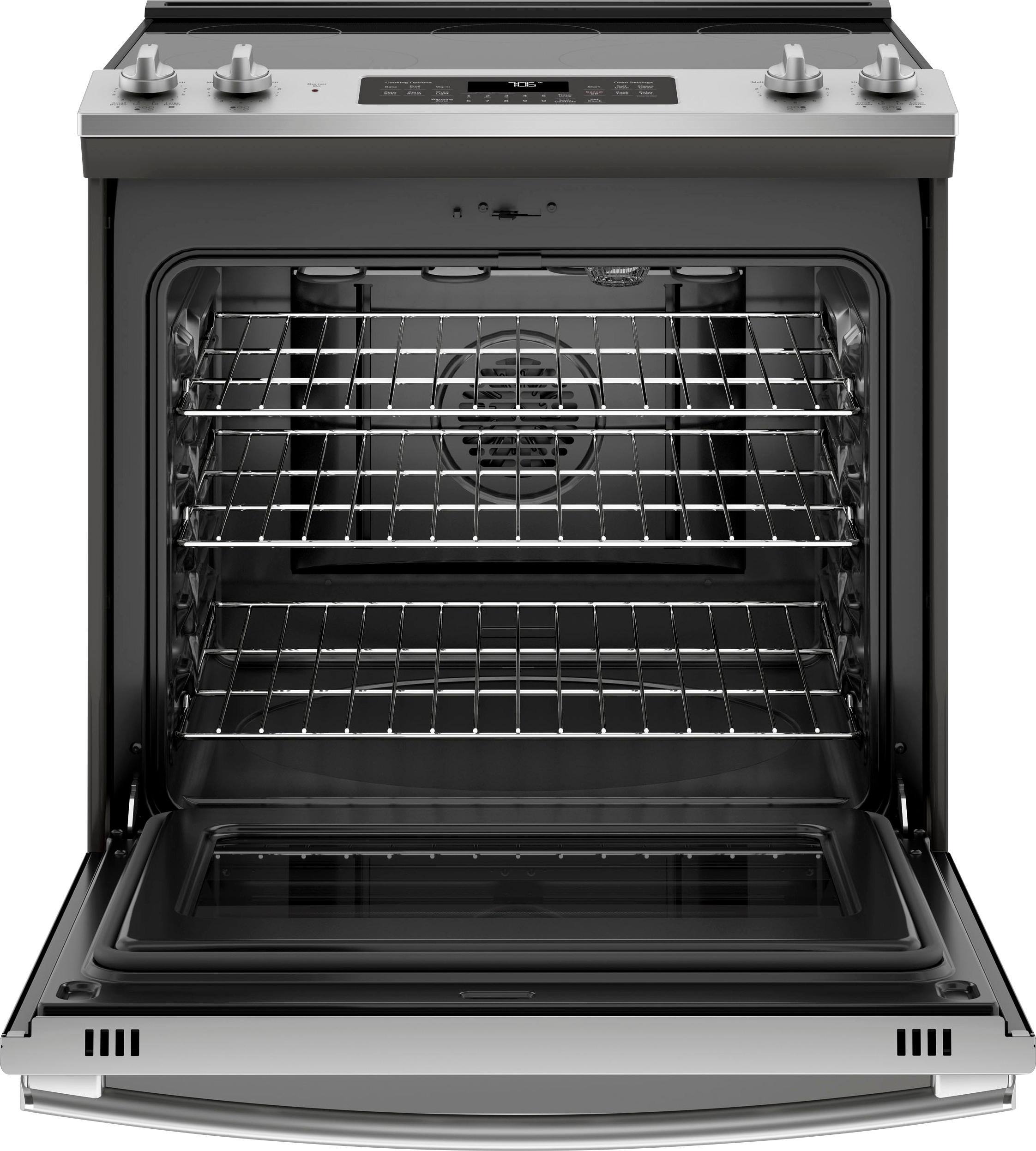 Angle. GE - 5.3 Cu. Ft. Slide-In Electric Convection Range - Stainless Steel.