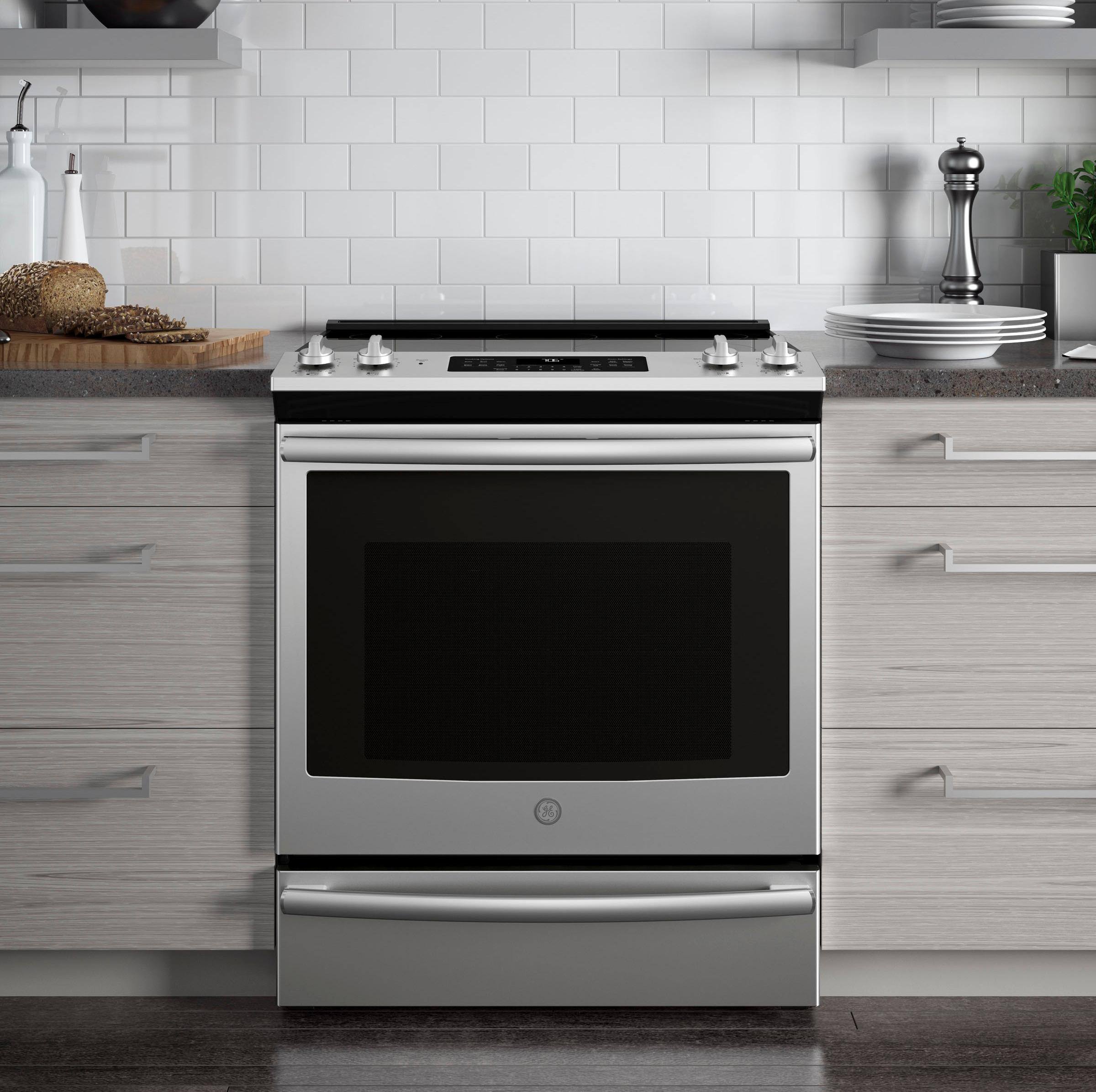 Alt View 2. GE - 5.3 Cu. Ft. Slide-In Electric Convection Range - Stainless Steel.