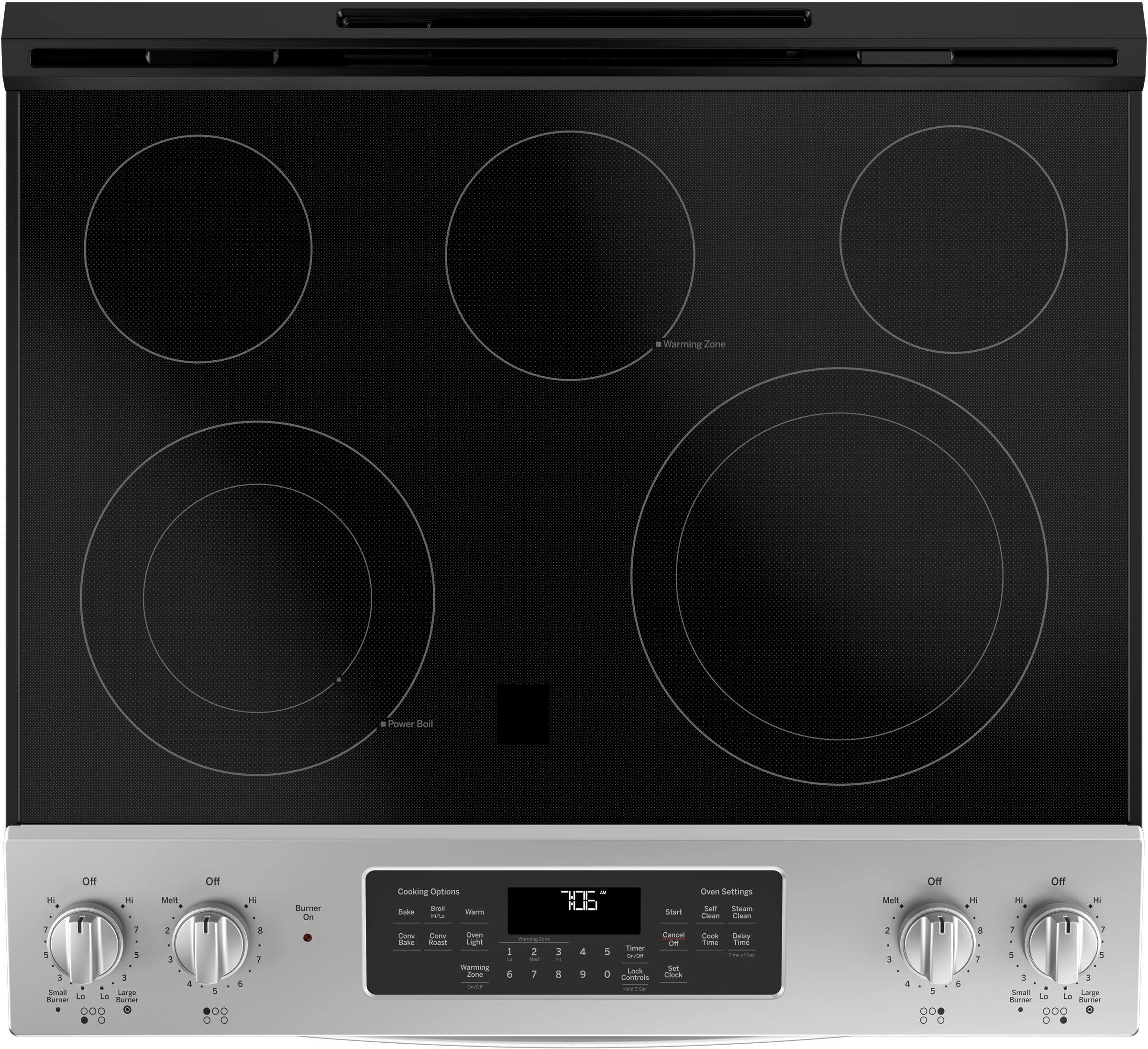 Left. GE - 5.3 Cu. Ft. Slide-In Electric Convection Range - Stainless Steel.