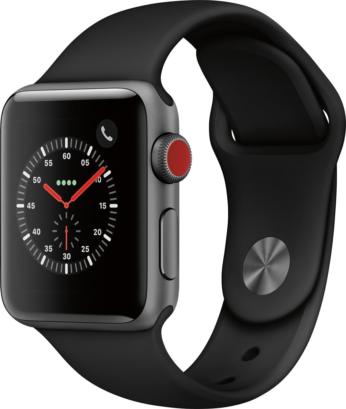 Angle. Apple - Apple Watch Series 3 (GPS + Cellular), 38mm Space Gray Aluminum Case with Black Sport Band - Space Gray.