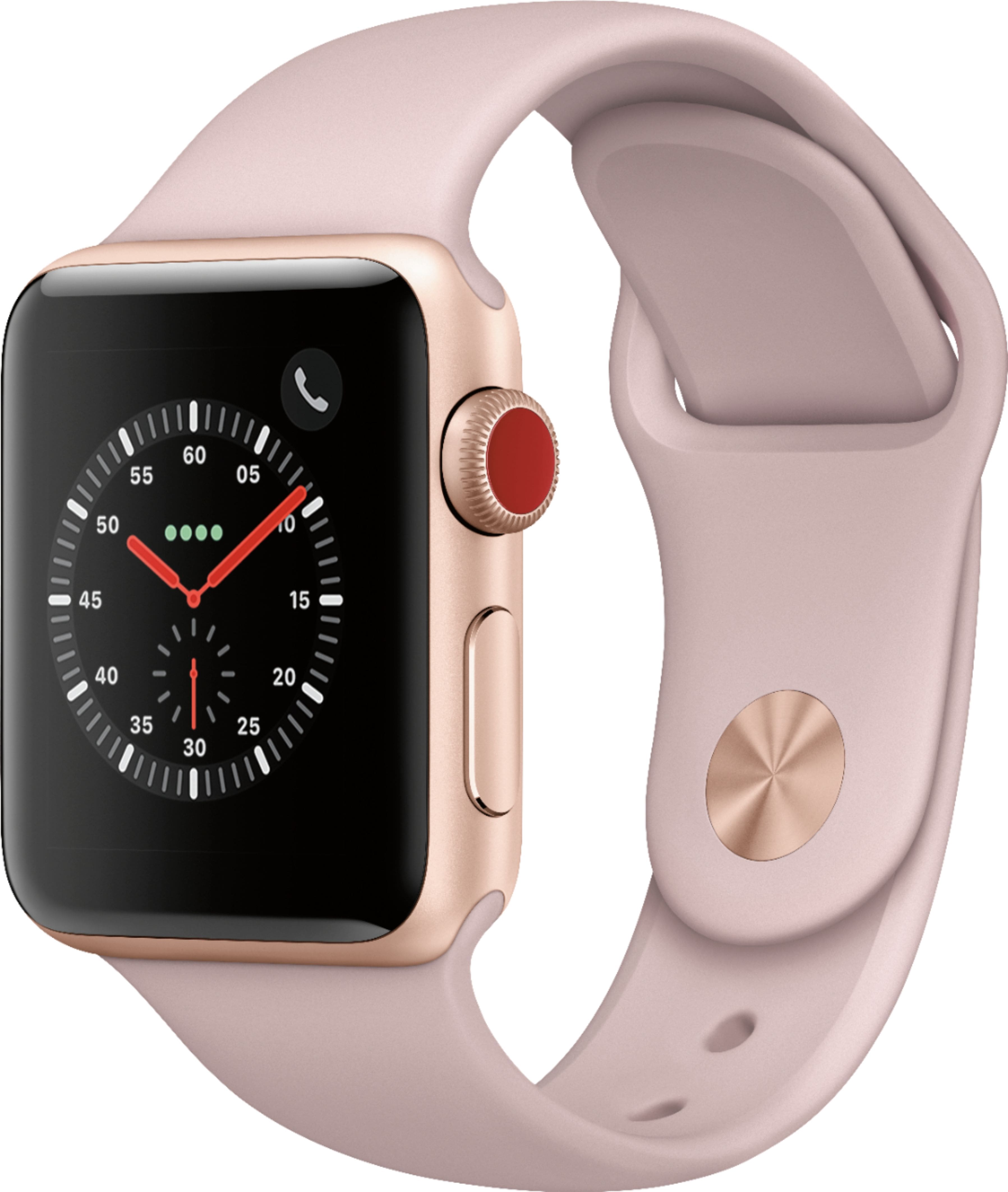Angle. Apple - Apple Watch Series 3 (GPS + Cellular), 38mm Gold Aluminum Case with Pink Sand Sport Band - Gold Aluminum.