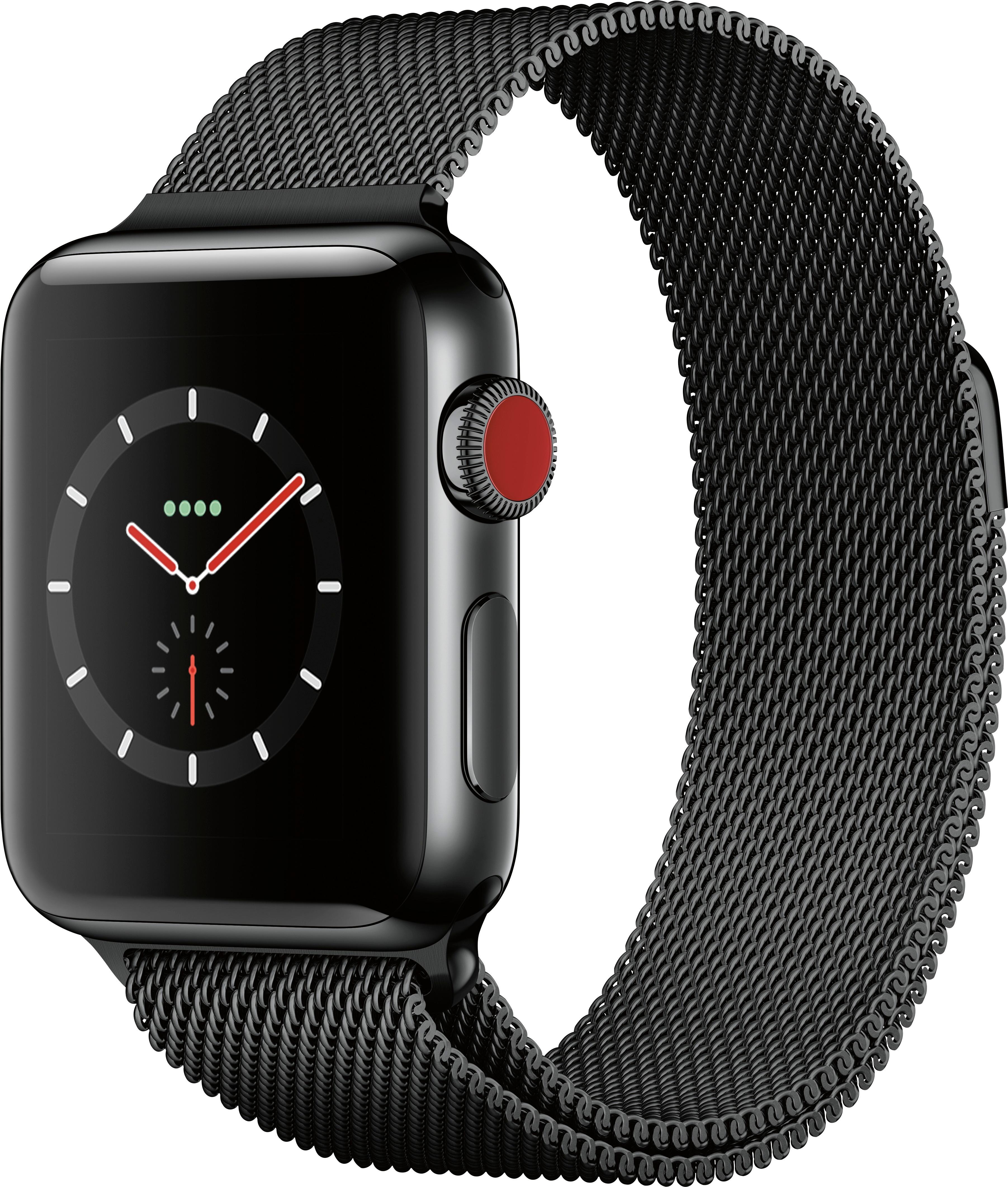 Angle View: Apple Watch Series 3 (GPS + Cellular) 38mm Space Black Stainless Steel Case with Space Black Milanese Loop - Space Black Stainless Steel (AT&T)