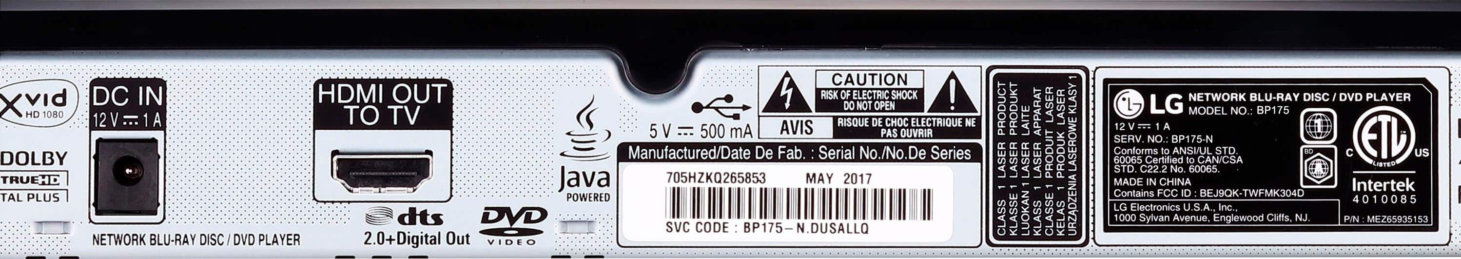 Back. LG - Streaming Audio Blu-ray Player - Black.