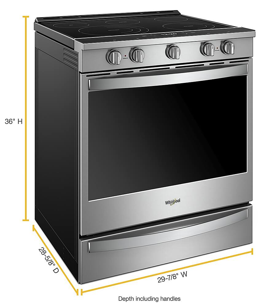 The image features a stainless steel oven with a black door. The oven is a Whirlpool model, and it has a depth of 29-7/8" including the handles. The oven is 36" high and has a 28-5/8" door depth.