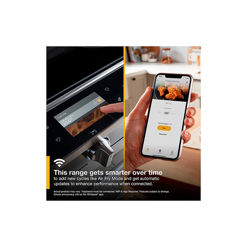 The image features a person holding a smartphone with the time displayed as 7:20. The phone is open to an app, likely related to cooking or kitchen appliances. The app is advertising a range that gets smarter over time, adding new features like Air Fry Mode and receiving automatic updates to enhance performance when connected. The actual product may vary, and it requires an appliance to be connected and the Whirlpool app for details and privacy information.