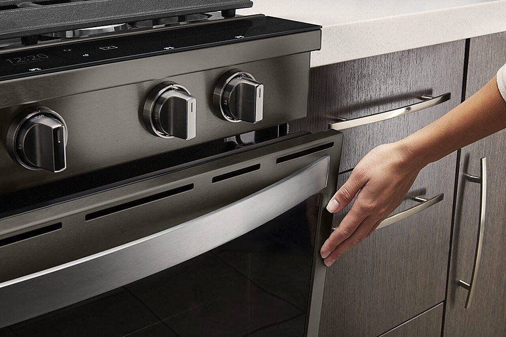 Left. Whirlpool - 5.8 Cu. Ft. Slide-In Gas Convection Range with Self-Cleaning with Air Fry with Connection - Black Stainless Steel.