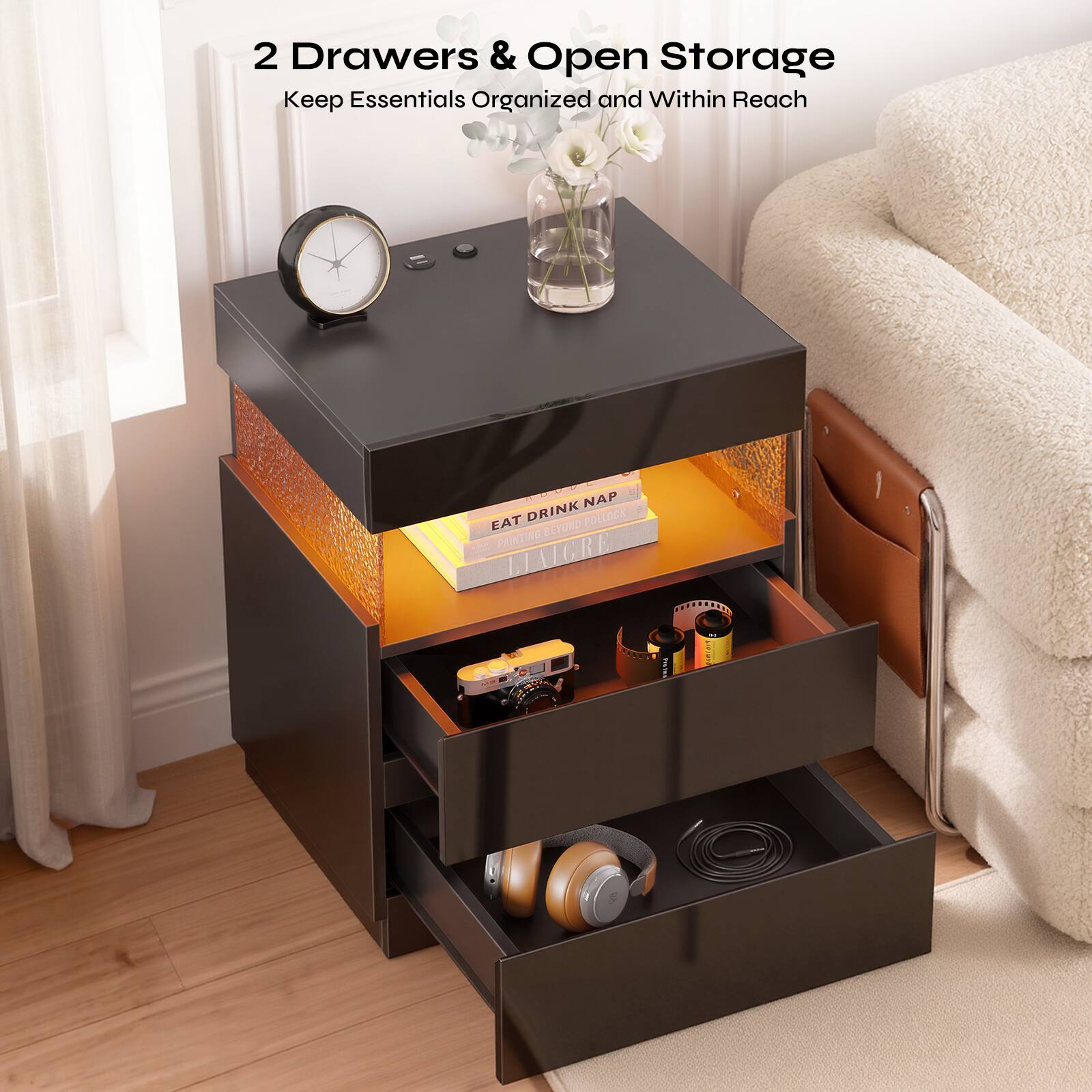 2 Drawers & Open Storage  
Keep Essentials Organized and Within Reach