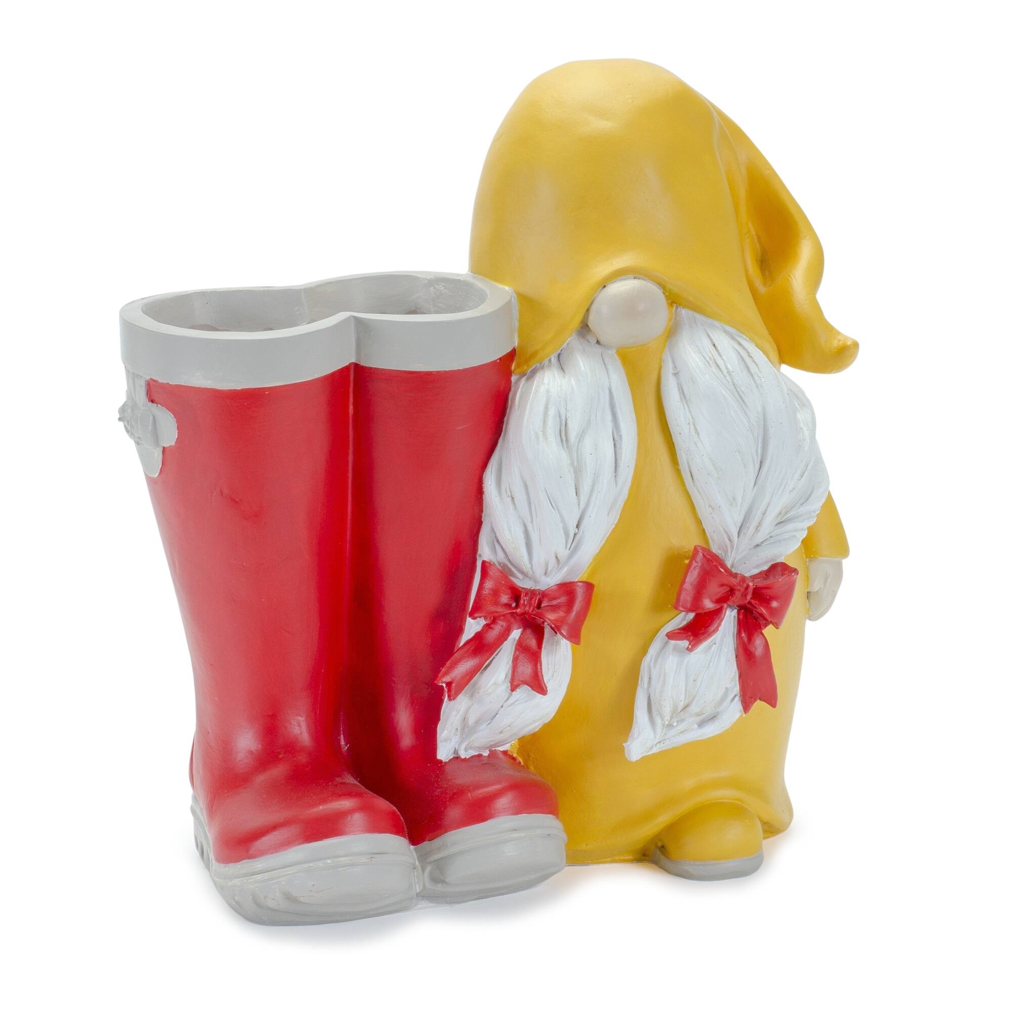 Angle. BreeBe - Garden Gnome with Rainboot Platner or Vase (Set of 2) - Red, Yellow.