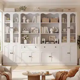 Aheaplus - 80'' Tall Bookcase with 2 Drawers and 4 Glass Doors, 102.2''W Bookshelf with Adjustable Shelves - White