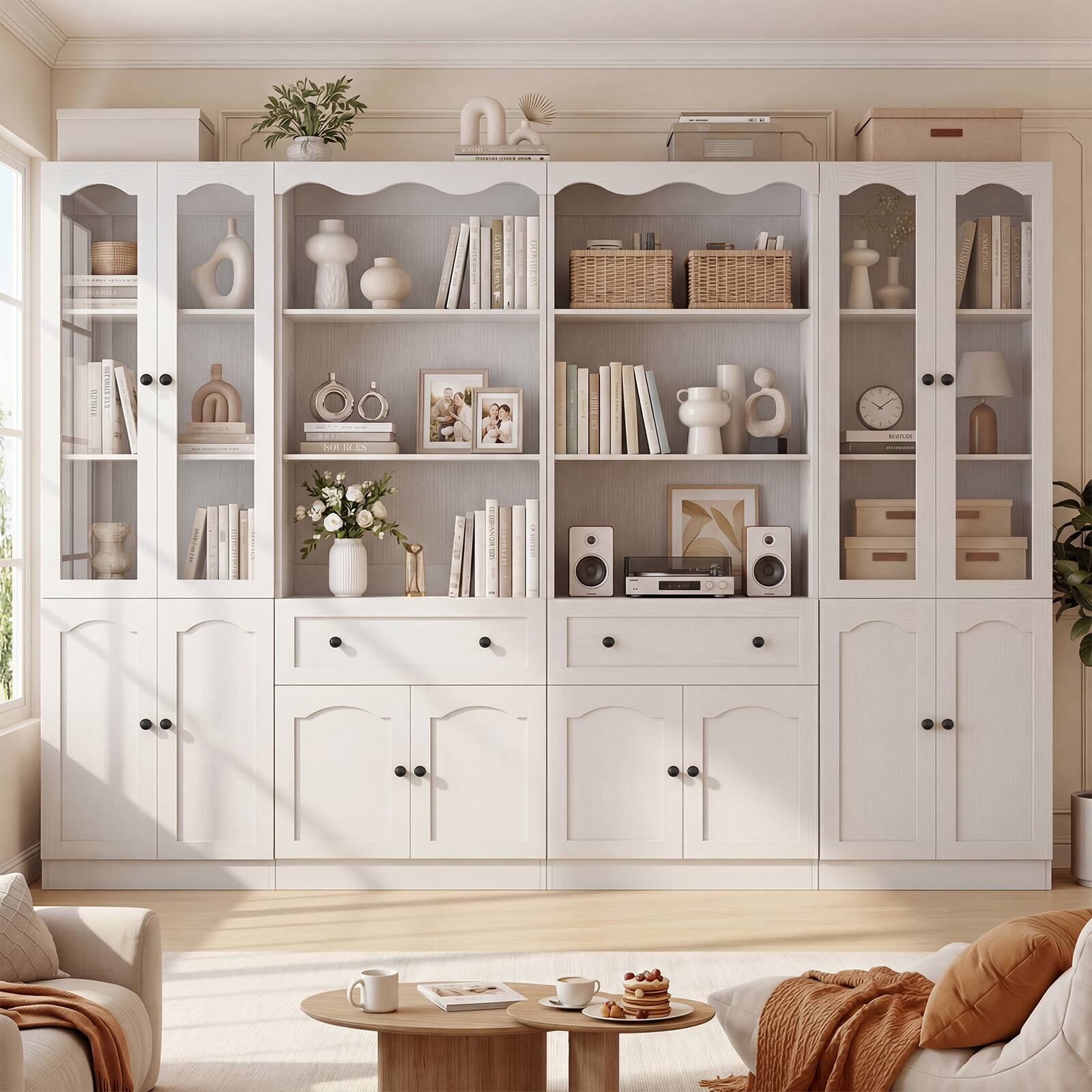 Front. Aheaplus - 80'' Tall Bookcase with 2 Drawers and 4 Glass Doors, 102.2''W Bookshelf with Adjustable Shelves - White.