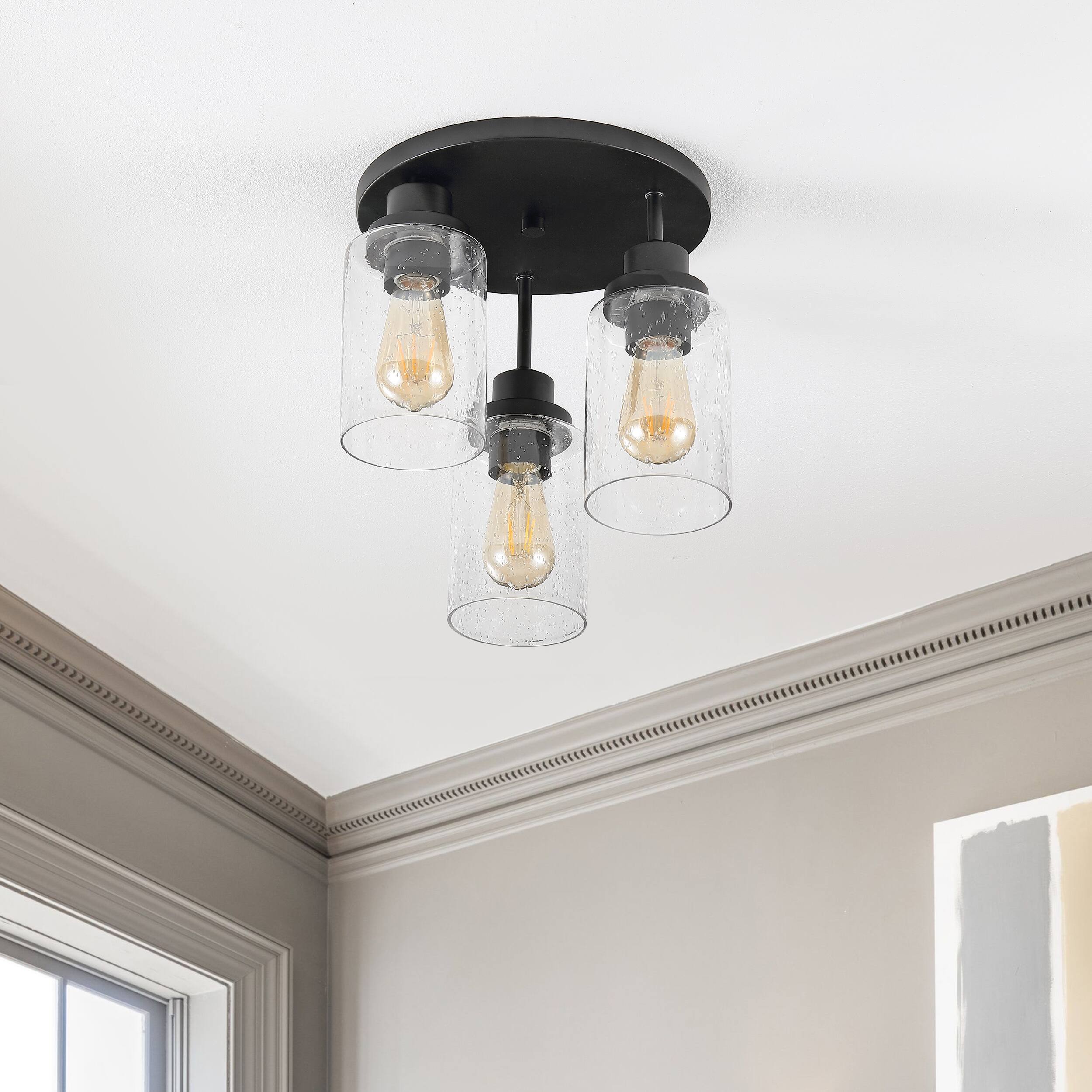 Alt View 5. Jonathan Y - Jonah 12" 3-Light Bohemian Farmhouse Iron/Seeded Glass LED Semi Flush Mount, Black/Clear - Black.