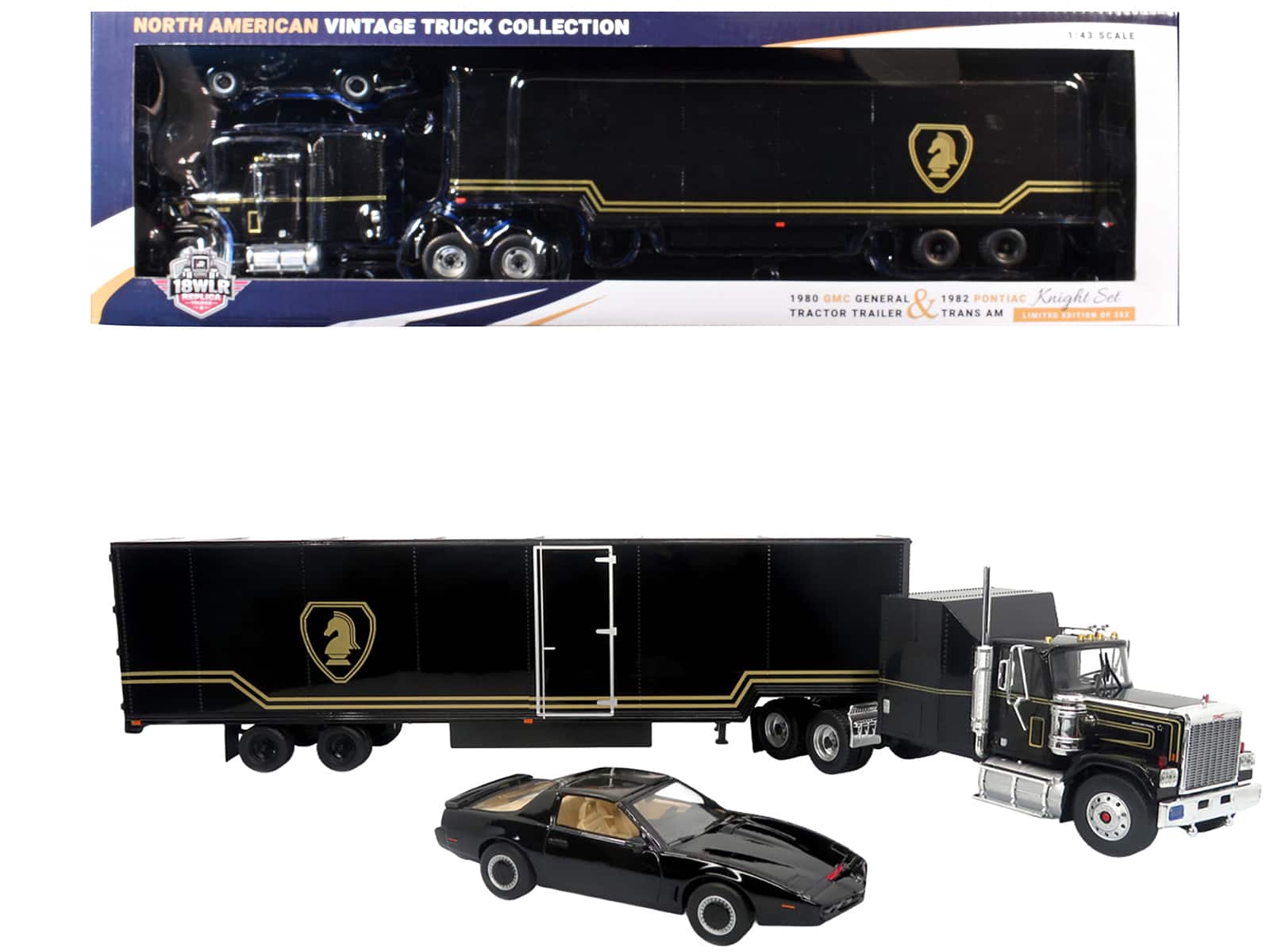 Iconic Replicas - 1980 GMC General Truck with Box Trailer Gold Stripes & 1982 Pontiac Firebird Trans Am Knight Set 1/43 - Black