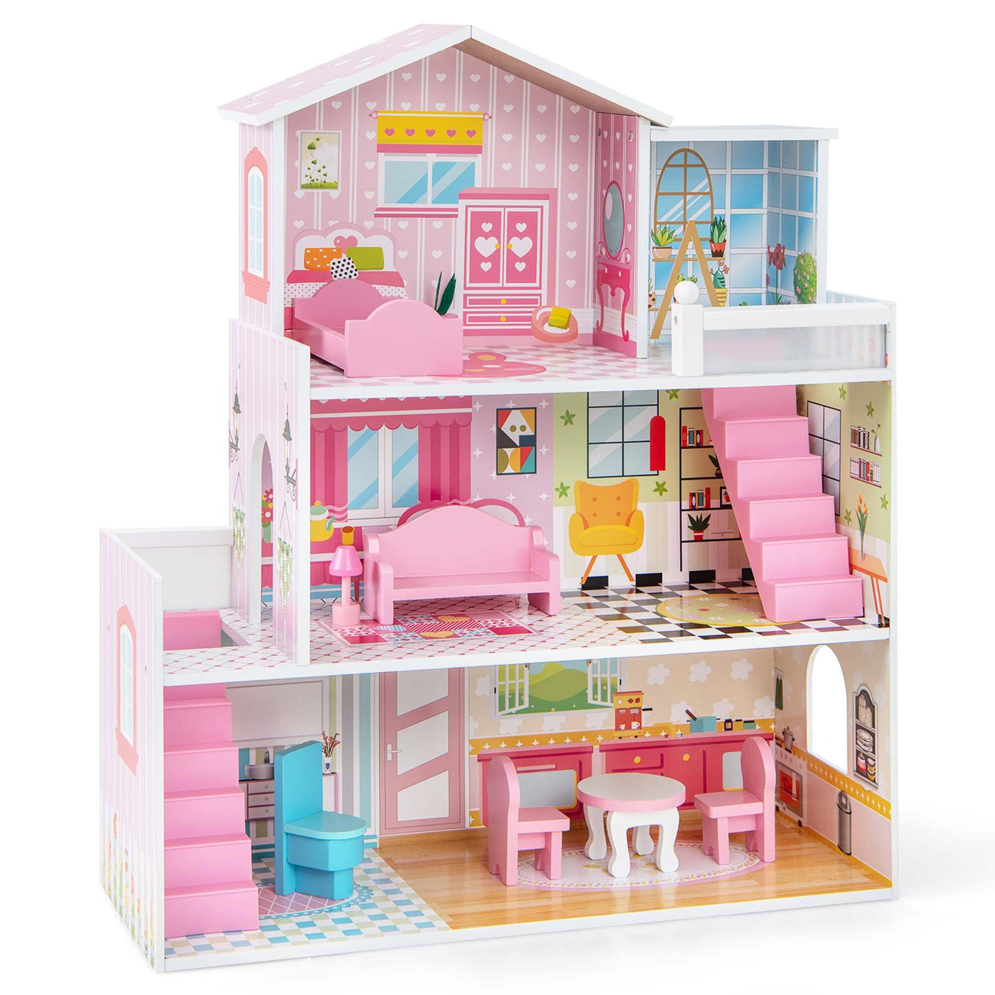 Alt View 9. Costway - Costway Kids Wooden Dollhouse Playset with 5 Simulated Rooms & 10 Pieces of Furniture - Pink.