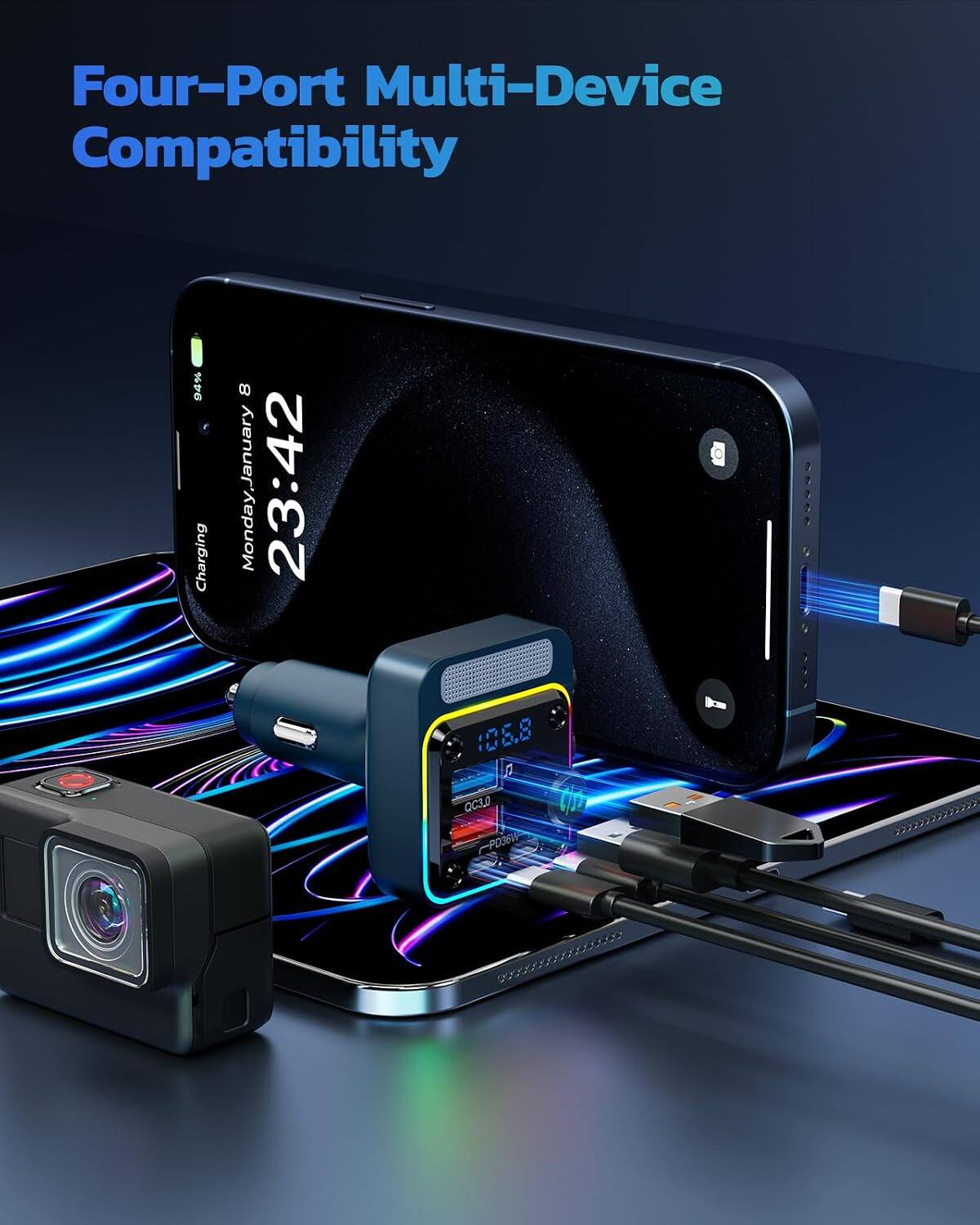 Four-Port Multi-Device Compatibility

94% Charging

8 Monday, January

23:42

106.8

98666 V

QC3.0 PD36W