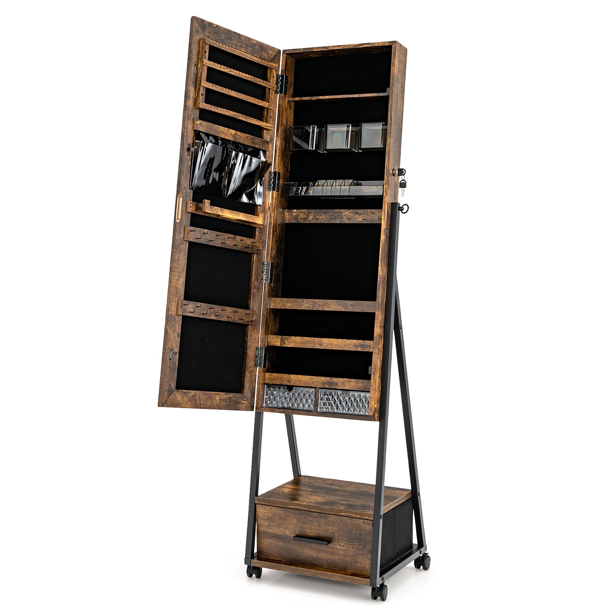 Alt View 1. Costway - Jewelry Cabinet Armoire Full Length Mirror Lockable w/ Bottom Drawer & Wheels Coffee - Coffee.
