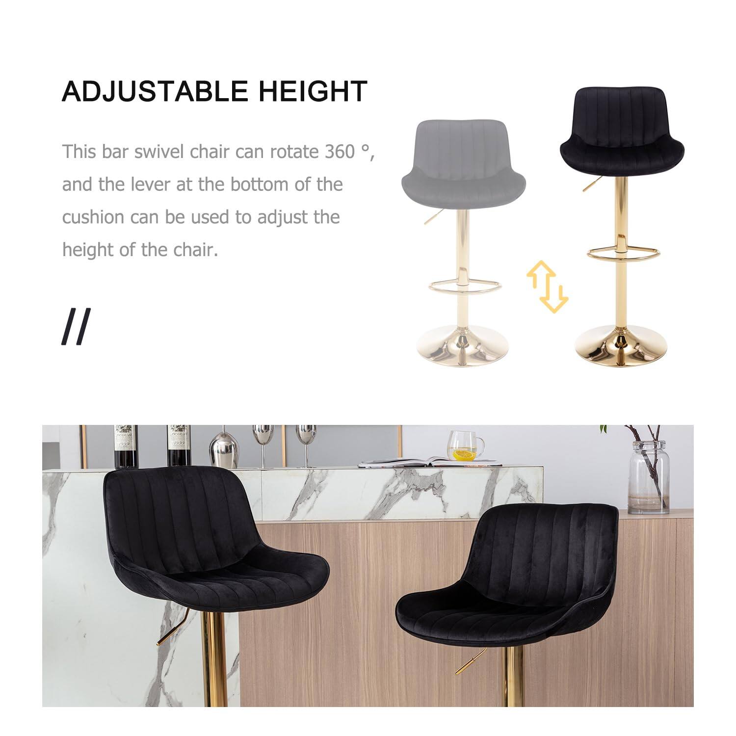 ADJUSTABLE HEIGHT

This bar swivel chair can rotate 360°, and the lever at the bottom of the cushion can be used to adjust the height of the chair.